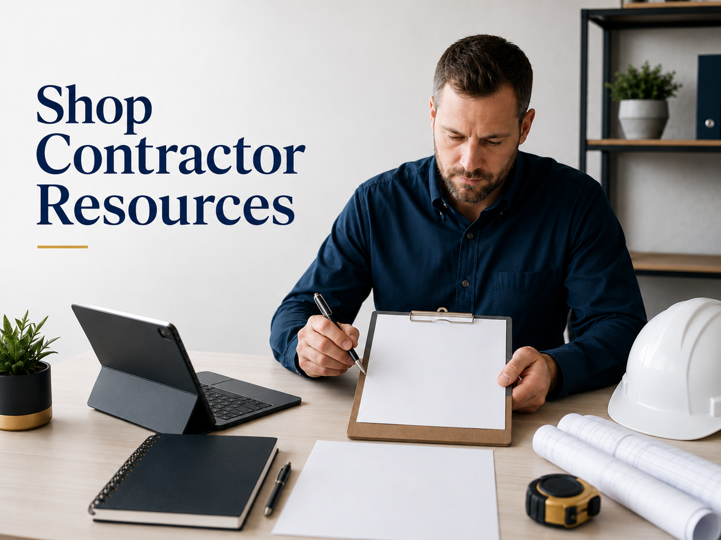 Man sitting at a desk with a clipboard, pen, white hard hat, rolled blueprints, a potted plant, a tablet, a notebook, and a pen, with text that says 'Shop Contractor Resources'.