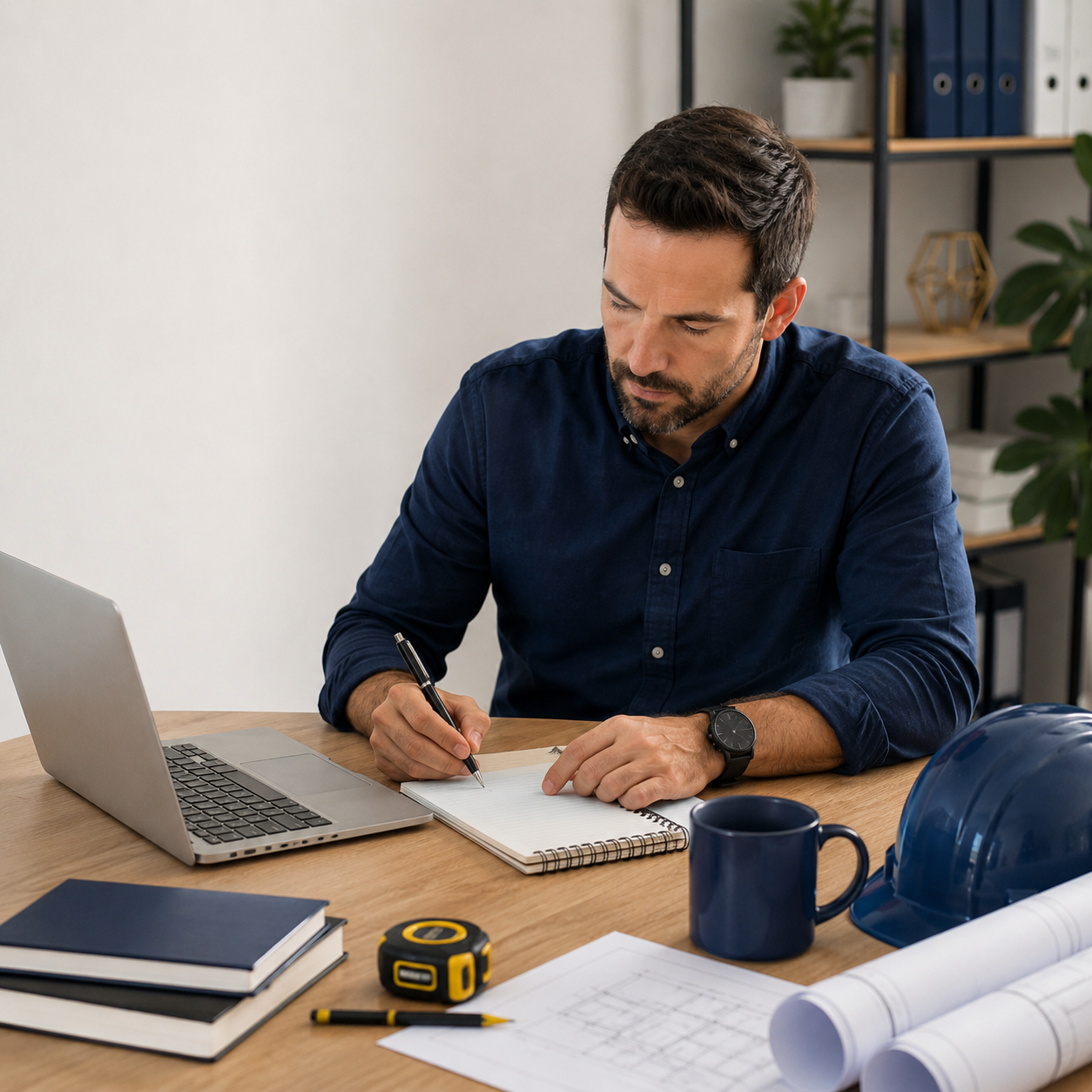 A man in a navy blue shirt working at a wooden desk with a laptop, notebooks, a tape measure, a rolled-up blueprint, a coffee mug, a blue hard hat, and a black pen. Shelves with binders and decorative objects are in the background.