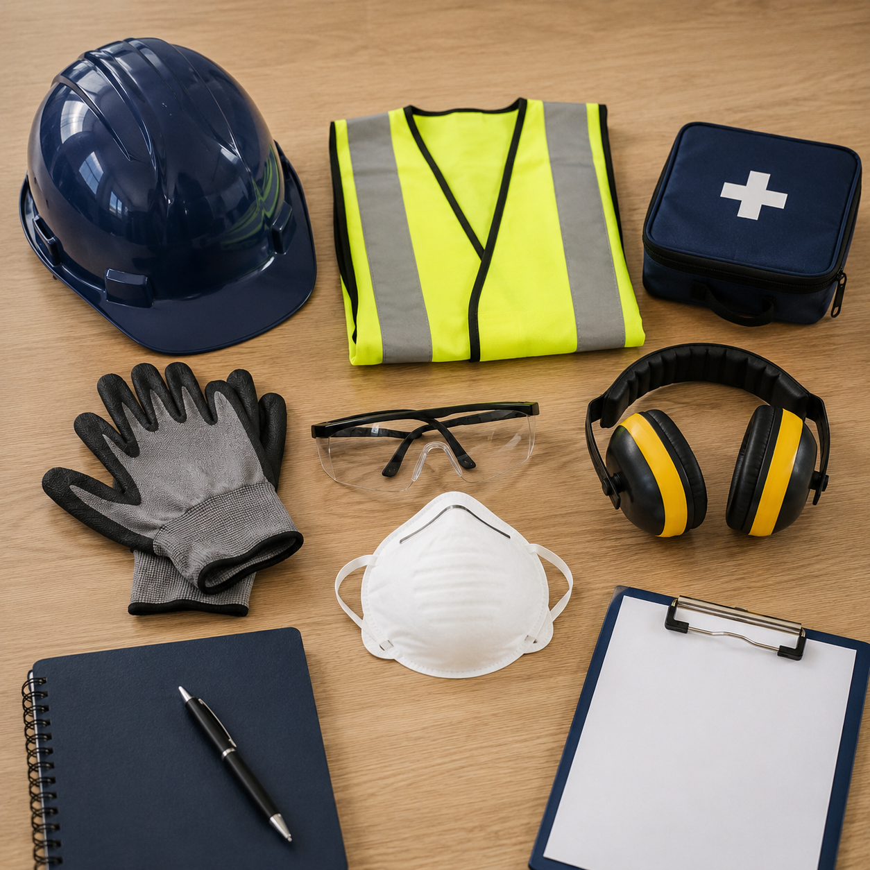 Personal protective equipment and safety supplies including a blue hard hat, yellow safety vest, first aid kit, gloves, safety glasses, ear protection, face mask, clipboard, notebook, and pen arranged on a wooden table.