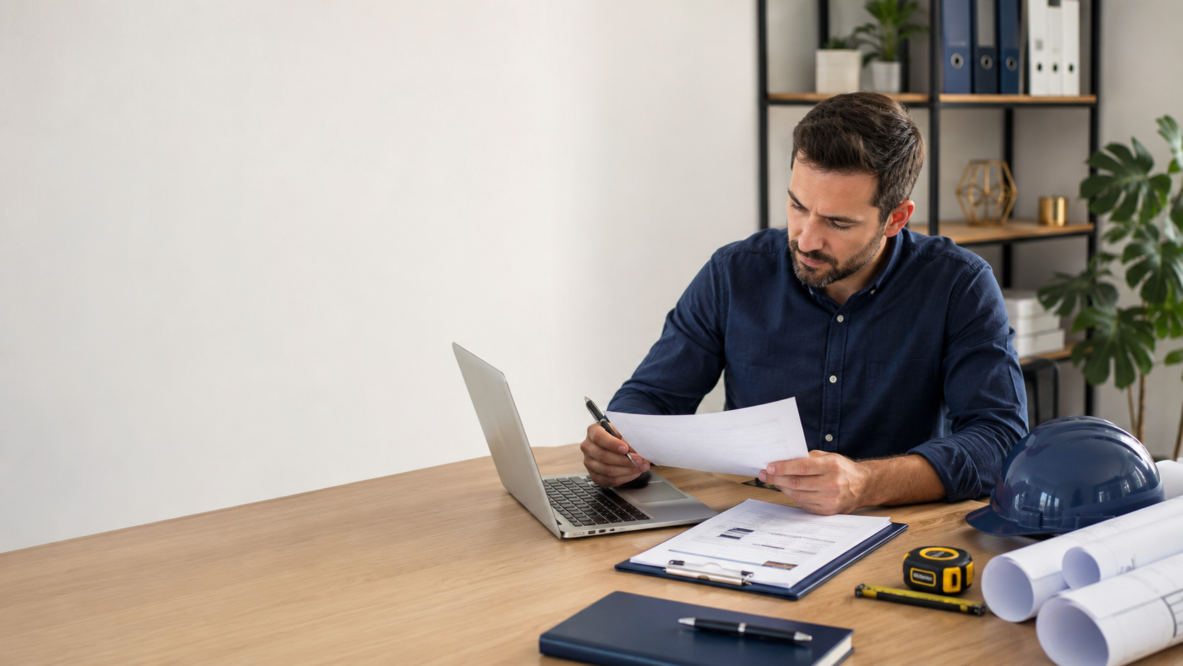 A man with dark hair and beard wearing a navy blue shirt sitting at a wooden desk, looking at a document in his hand while working on a silver laptop. The desk has blueprints, a yellow tape measure, a black notebook, a pen, and a blue safety helmet. In the background, there are shelves with binders, books, decor items, and a potted plant.