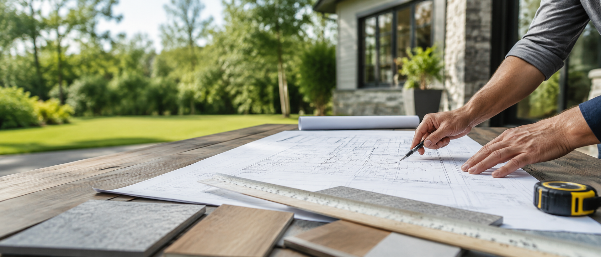 A person working on architectural plans outdoors on a wooden table with color samples, a ruler, and a tape measure, with a house and trees in the background.