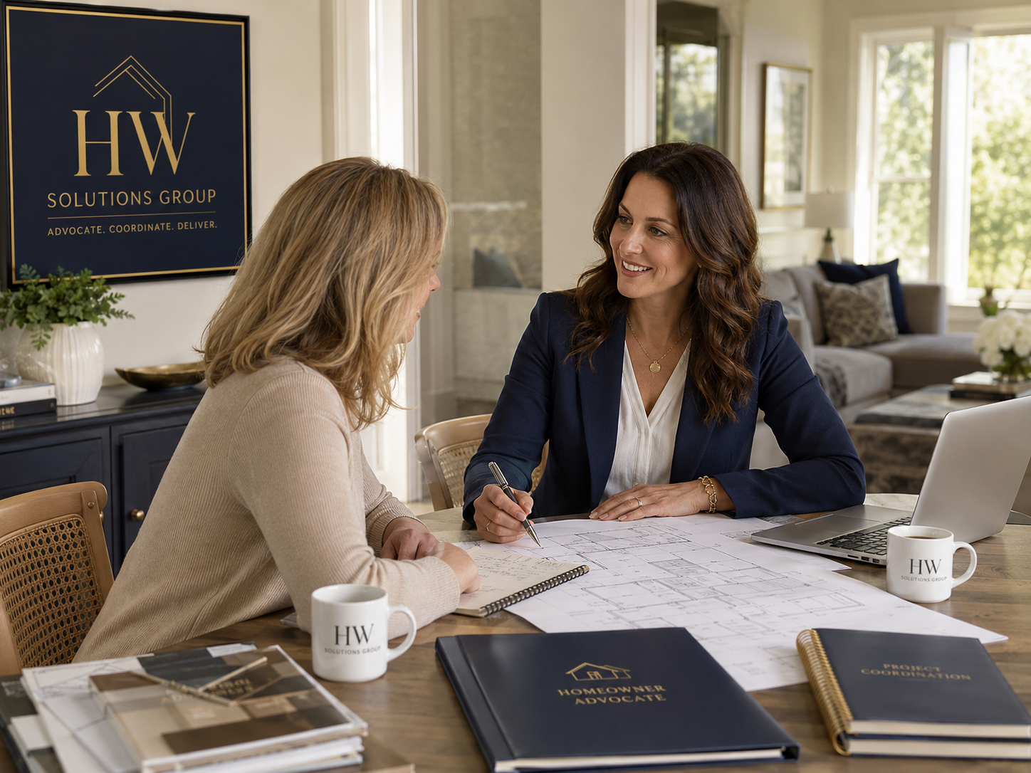 Two women seated at a table discussing home plans, with architectural drawings, notebooks, and coffee mugs labeled 'HW Solutions Group' in an office or home setting.