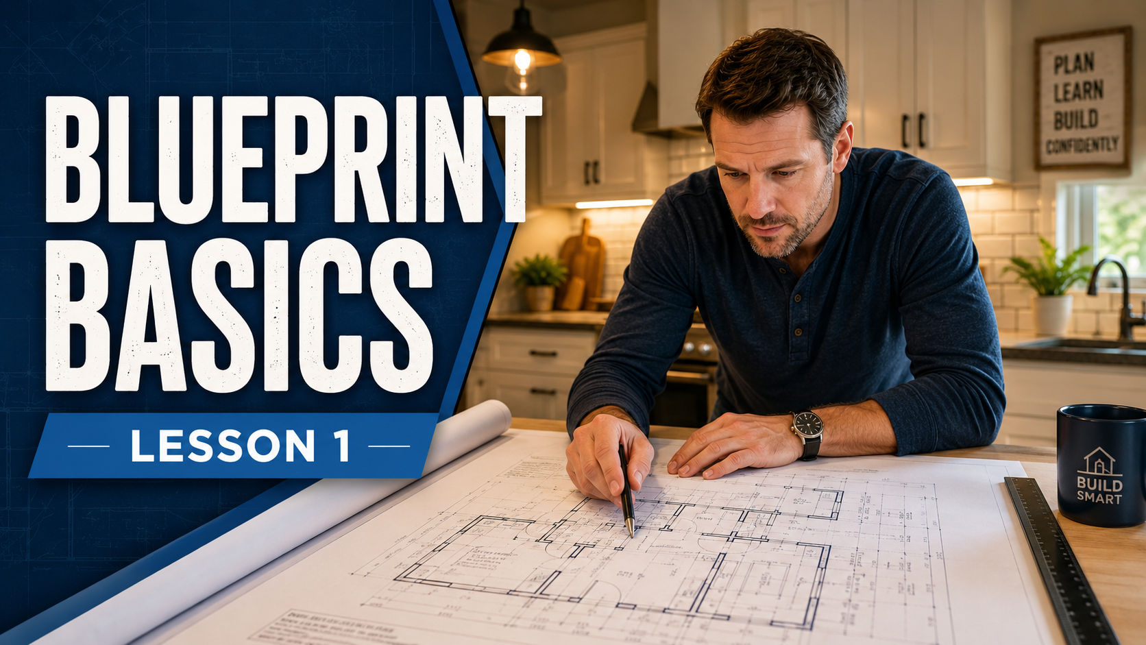 A man studying architectural blueprints at a kitchen table with a laptop, mug, and measuring tools, in a well-lit, modern kitchen.