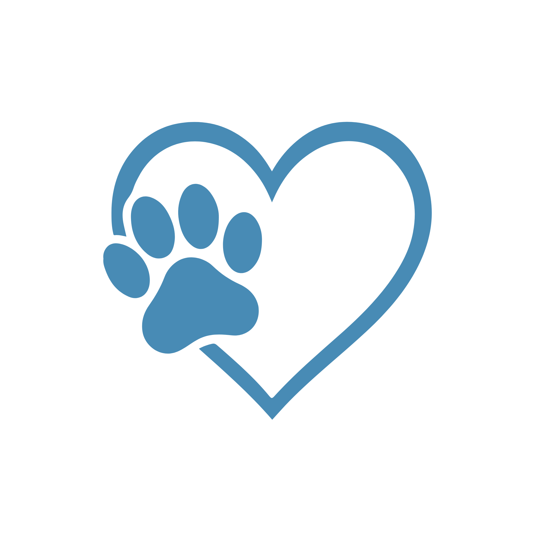 Blue paw print inside blue heart on black background.