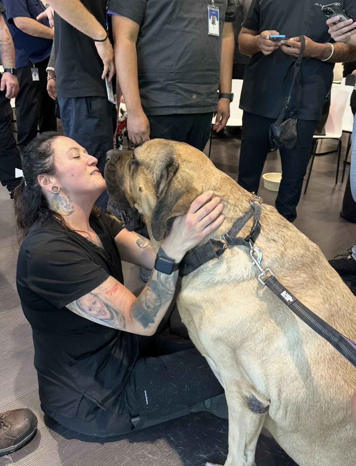 A woman with tattoos kneeling and hugging a large dog in a crowded indoor setting.