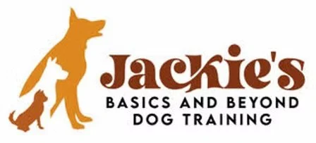 Logo for Jackie's Basics and Beyond Dog Training featuring a large dog and a small dog silhouette with the text.