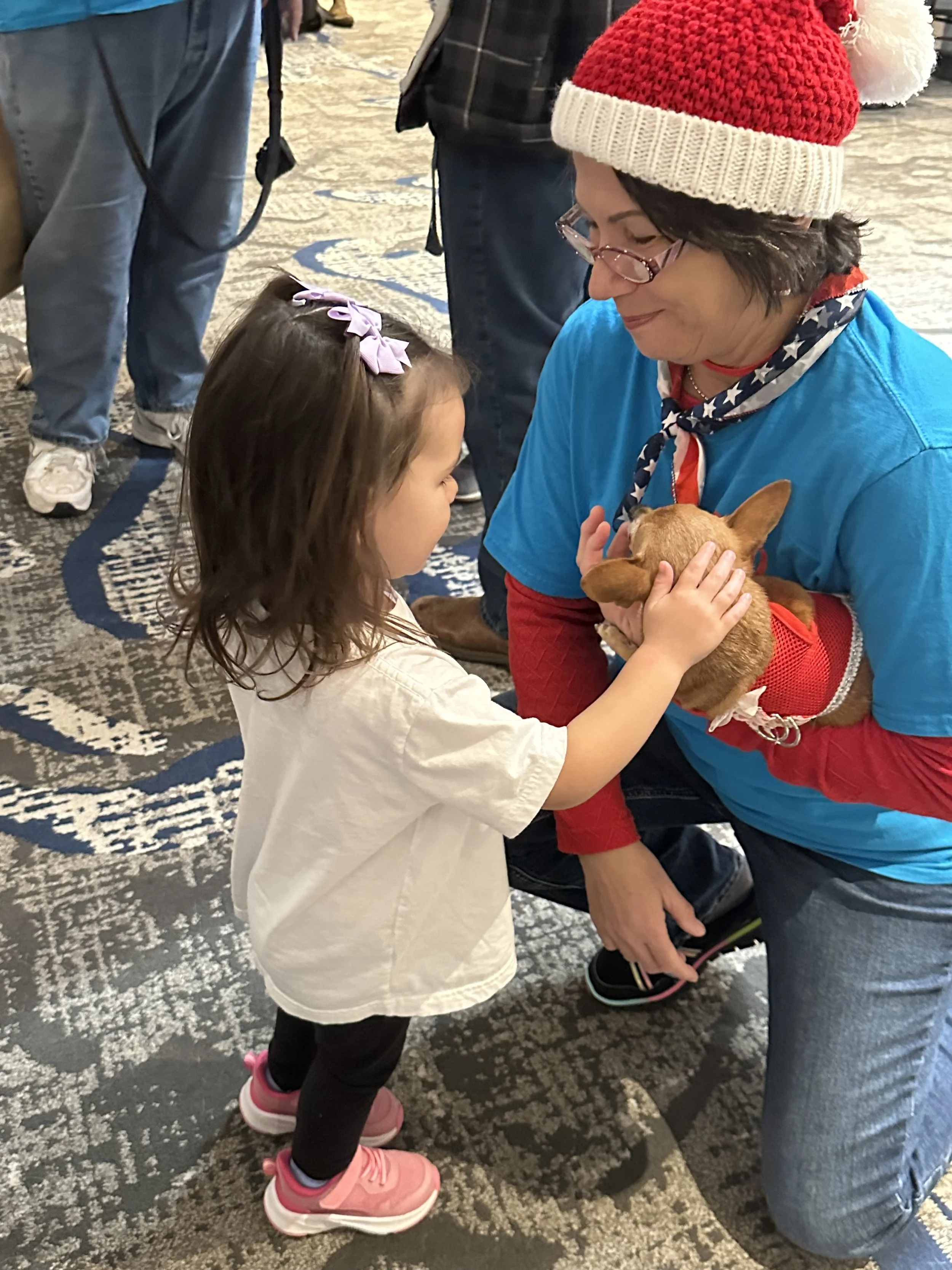 A woman and a young girl interact while holding a small brown puppy, both are in a crowded indoor space with a patterned carpet. The woman is wearing a red and white knit winter hat, glasses, a blue shirt with a star-spangled scarf, and red sleeves. 