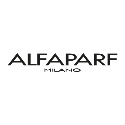 Alfaparf Milano logo in dark gray on a black background