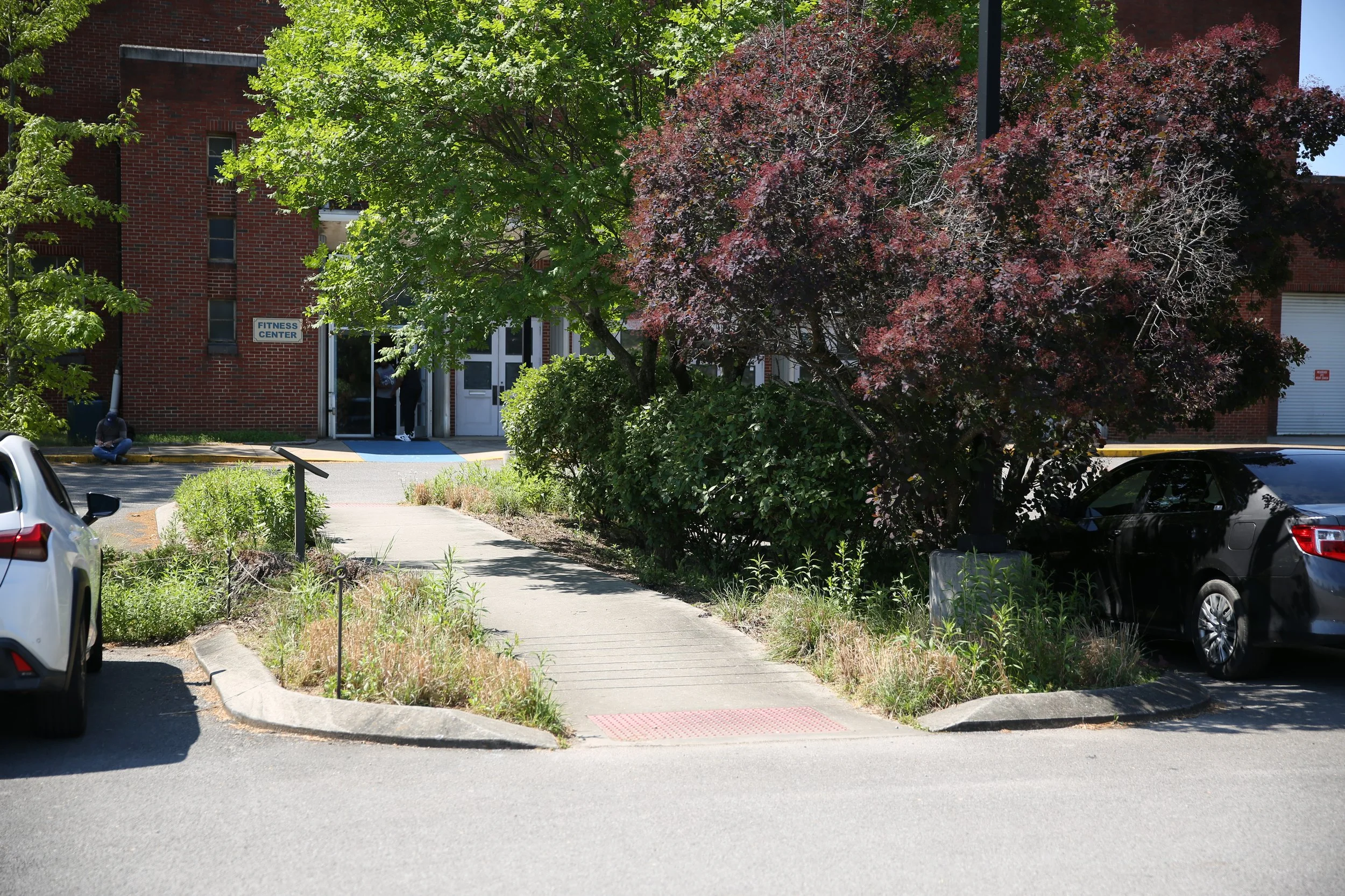 Residential area with a sidewalk, parked cars, and trees, one of which has reddish leaves, next to a brick building with a sign that reads 'Fitness Center'.