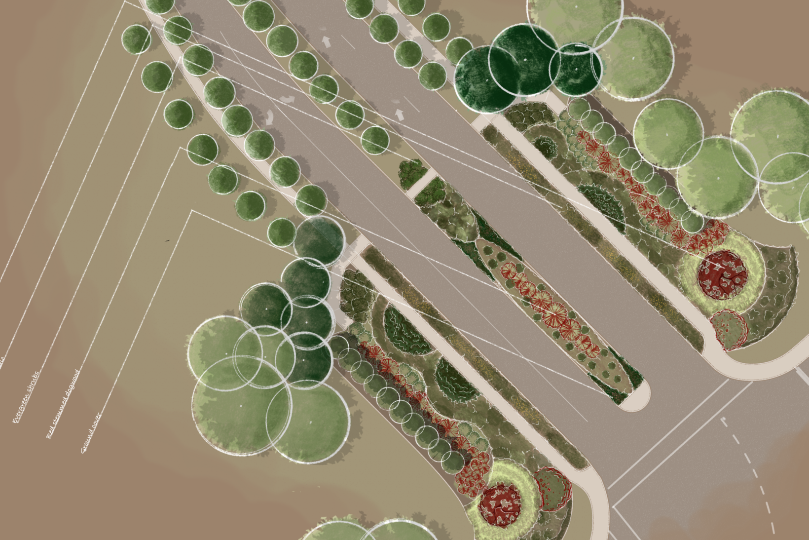A detailed landscape design plan showing various plantings, pathways, and garden features in a park or garden area, with labeled sections and different types of trees and shrubs outlined.