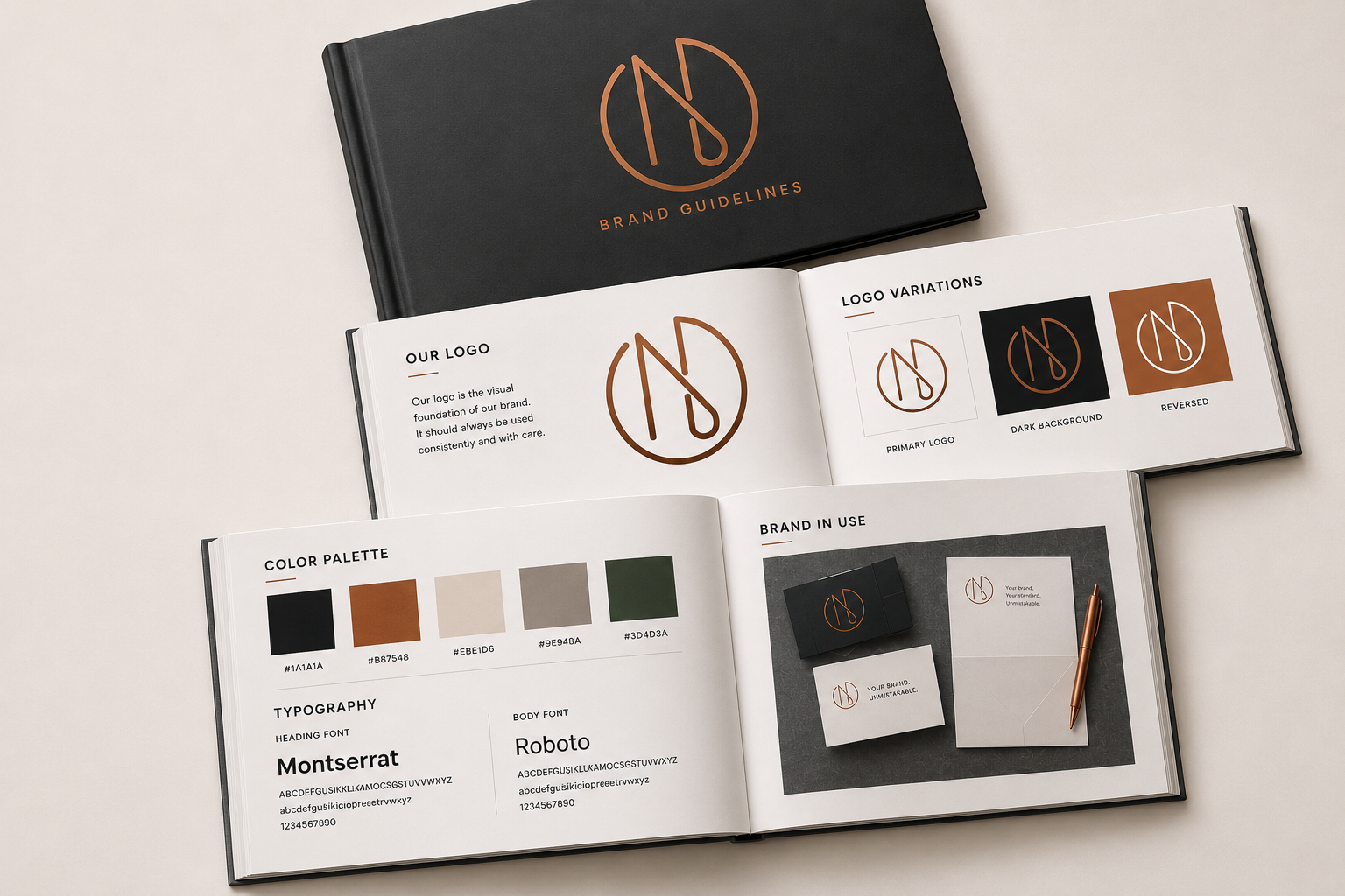 Open brand style guide booklet showing logo options, color palette, typography, and branding in use on card and packaging.