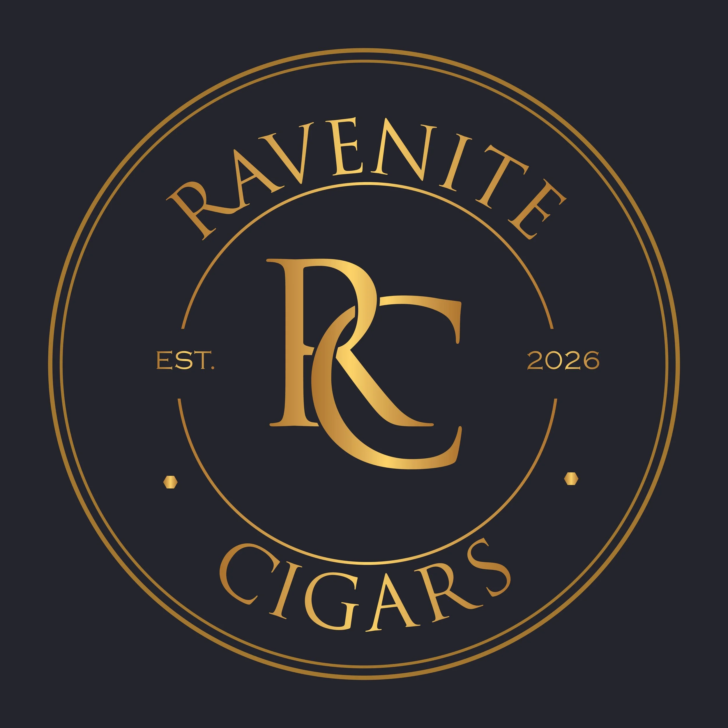 Gold and black logo for RAVENITE CIGARS with a circular design and decorative lines, established in 2026.