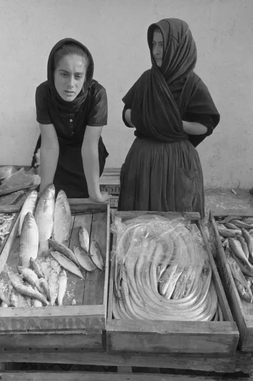 Dos mujeres en un mercado de pescado, una de ellas revisando los peces, la otra observando, con pescados en cajas de madera.