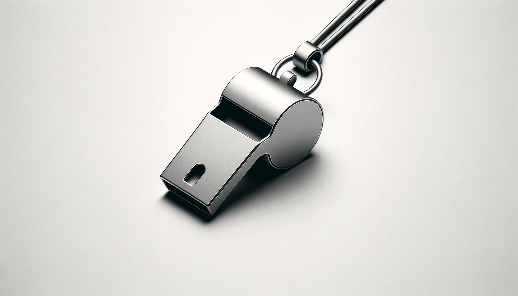 A silver metallic whistle attached to a keychain on a white background.