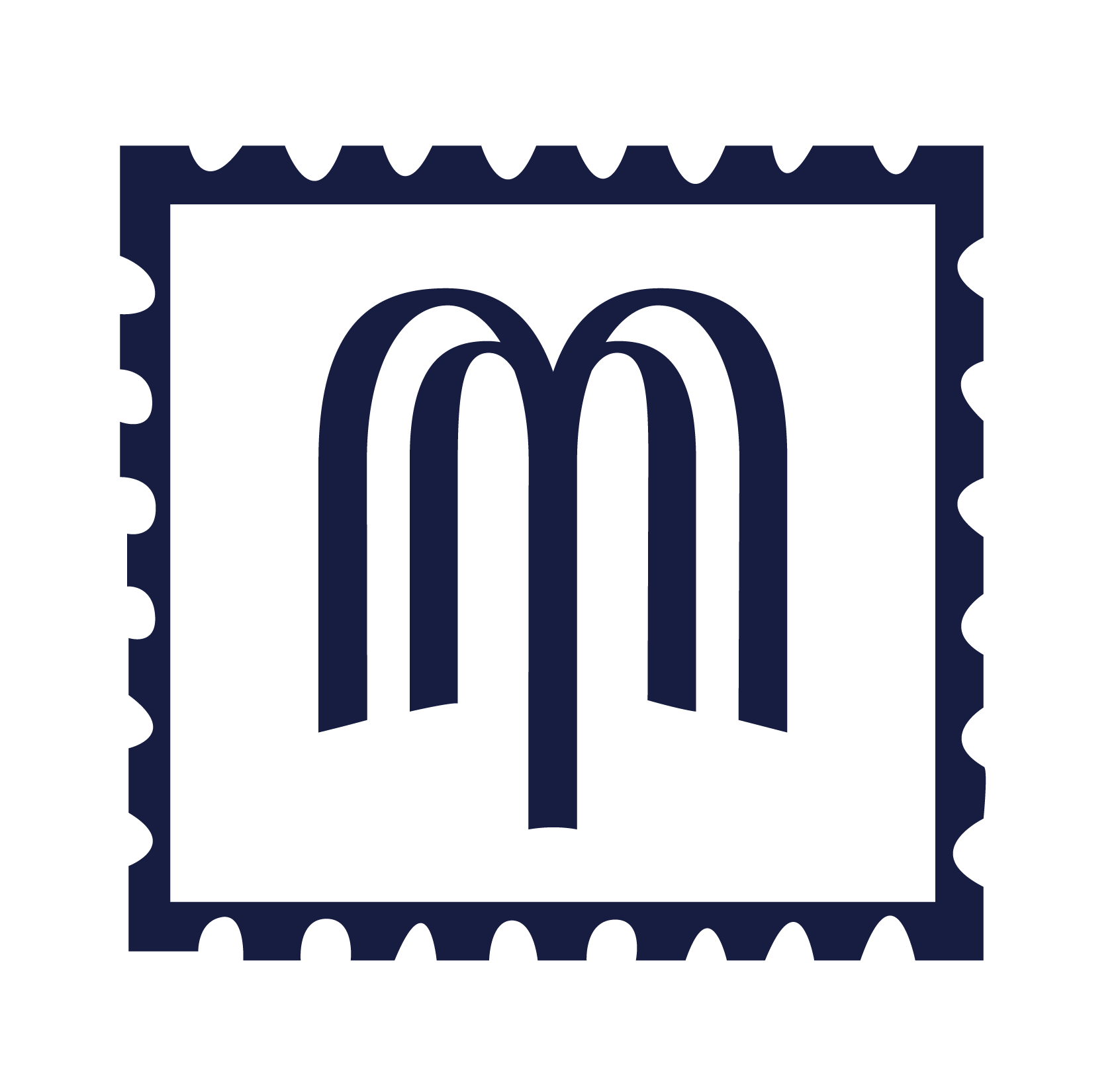A dark blue icon of a postage stamp with a black Monopoly dollar bill featuring a large 'M' in the center.