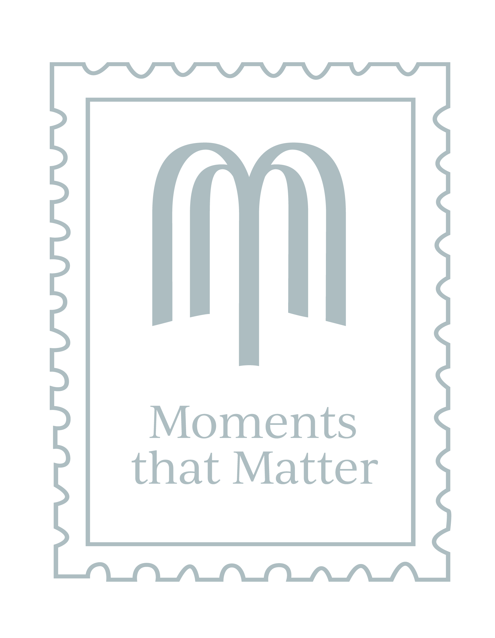 Illustration of a postage stamp with the words "Moments that Matter" and a stylized rainbow icon.