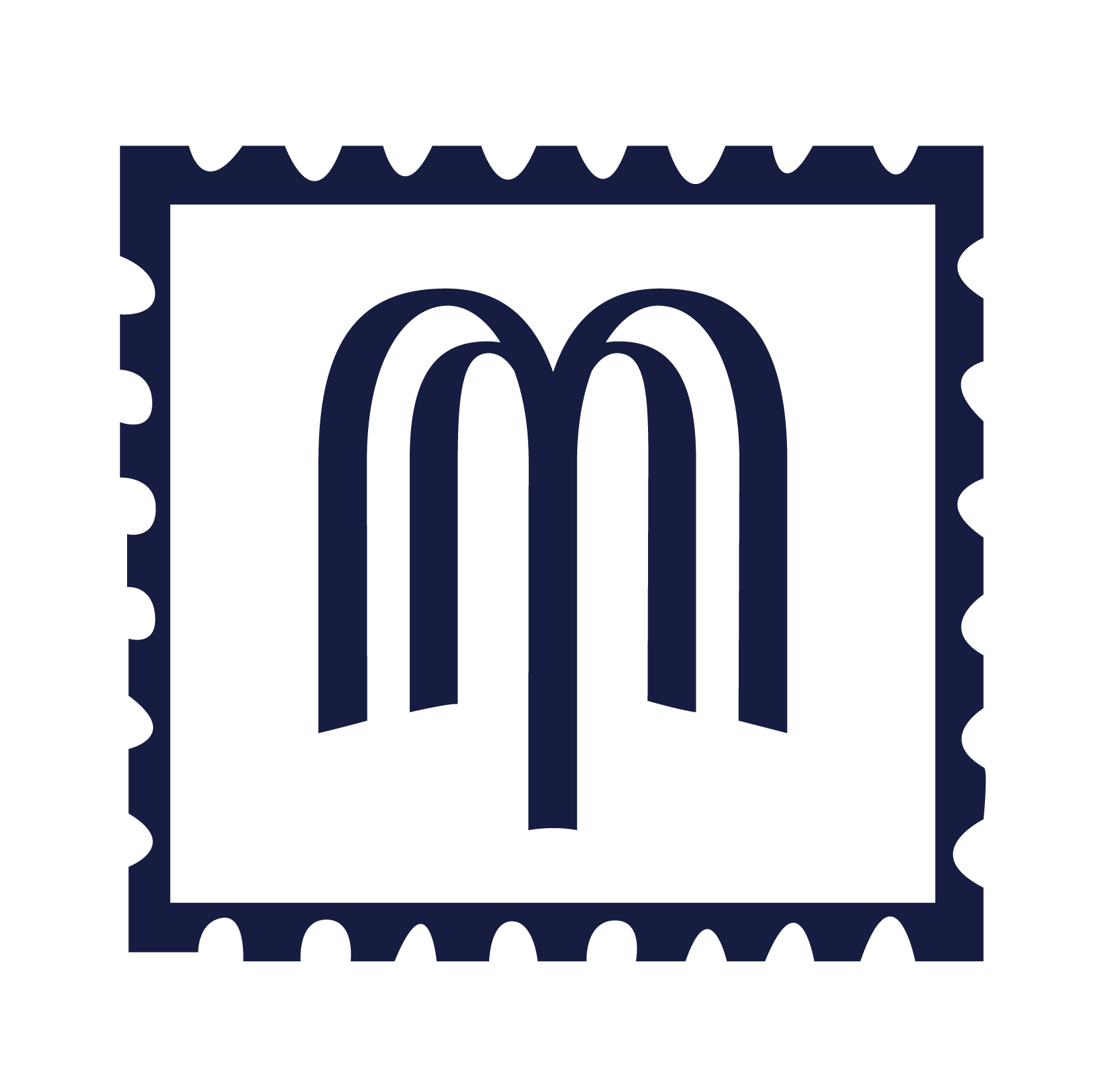 Illustration of a vintage postage stamp with rounded edges and a design of an open door with an arch, in dark blue and black.