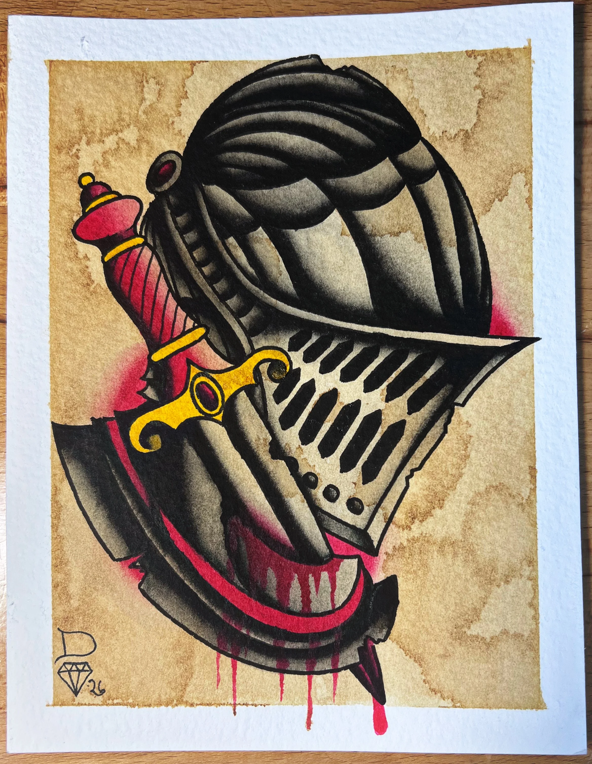 A graphic illustration of a sword with a red handle and yellow accents, stabbed into a skull with black and gray shading, on a textured brown background with pink spray paint and red drips.