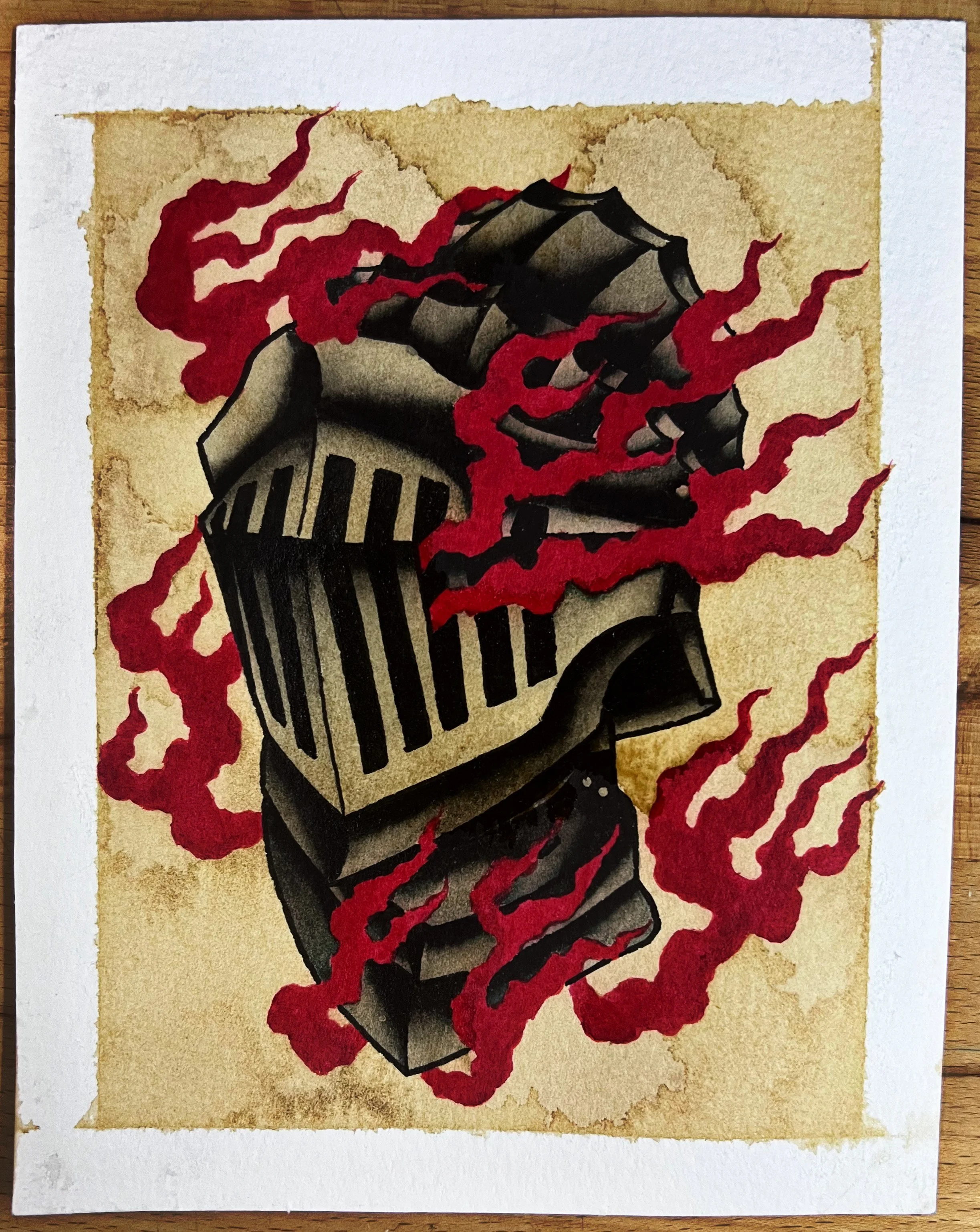 A watercolor painting of a knight helmet, featuring red, flame-like shapes emerging from the head, set against a textured, tan background.