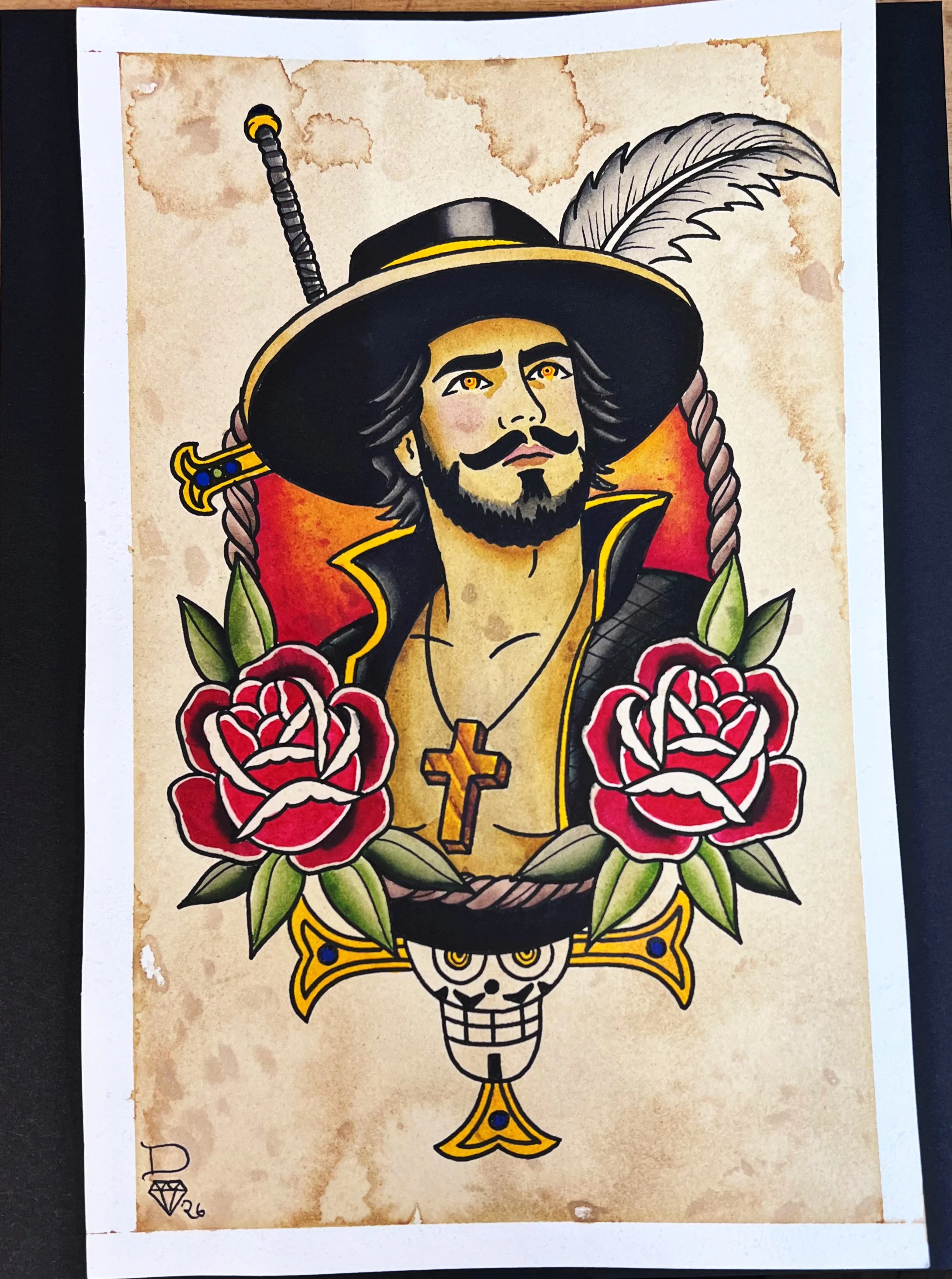 Tattoo-style artwork of a man with long hair, a mustache, and a beard, wearing a wide-brimmed hat with a feather, a vest, and a necklace with a cross, surrounded by red roses and a skull at the bottom, on aged paper background.