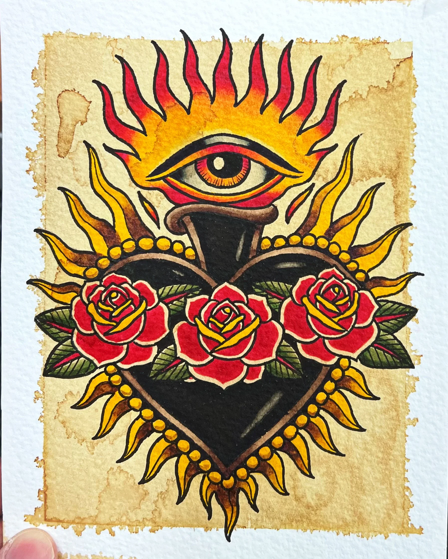 Hand-painted artwork of an eye with flames and a bouquet of red roses at the bottom, on a textured background.