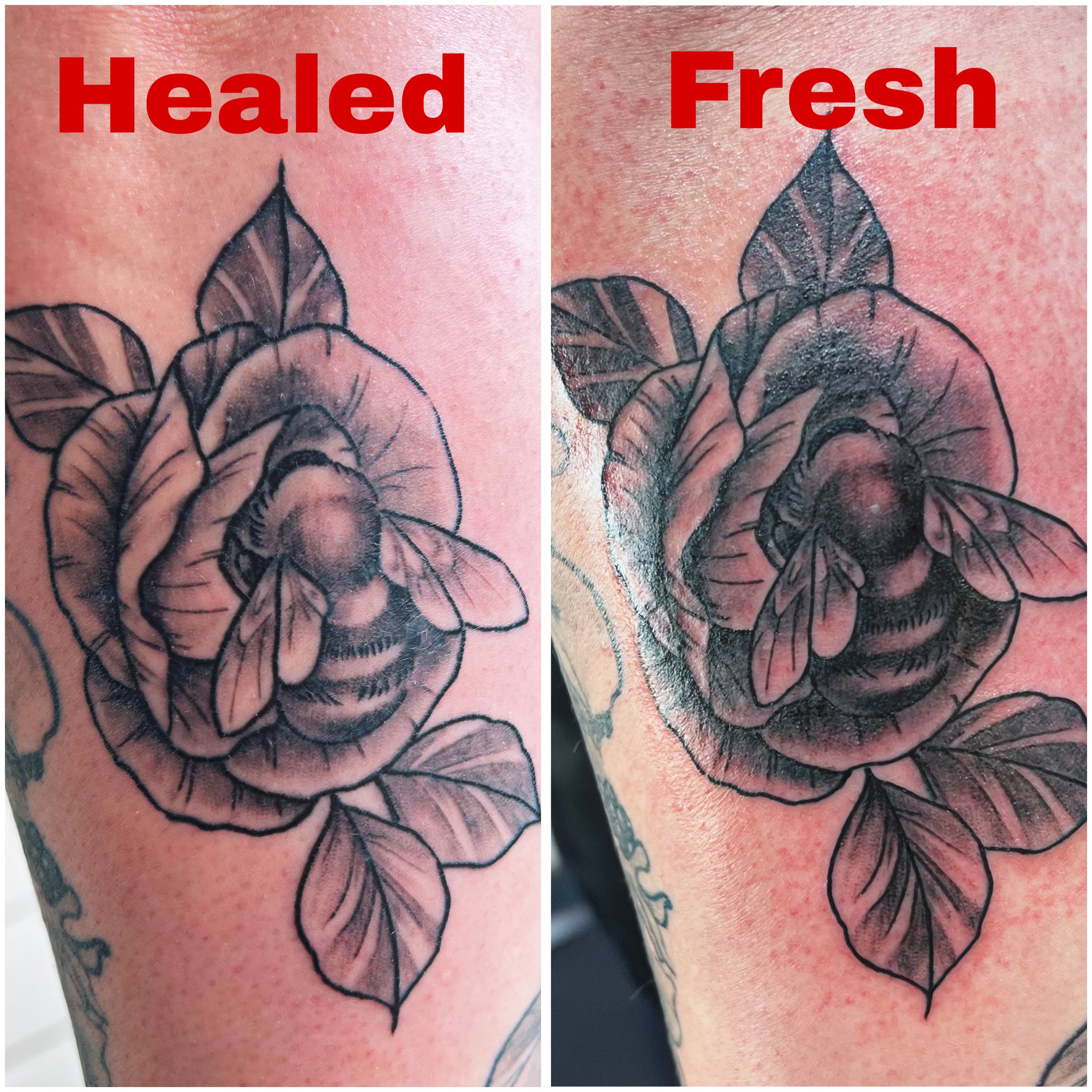 Comparison of a tattoo before and after healing, showing the tattoo looking fresh and shiny on the right side and healed and less shiny on the left side.