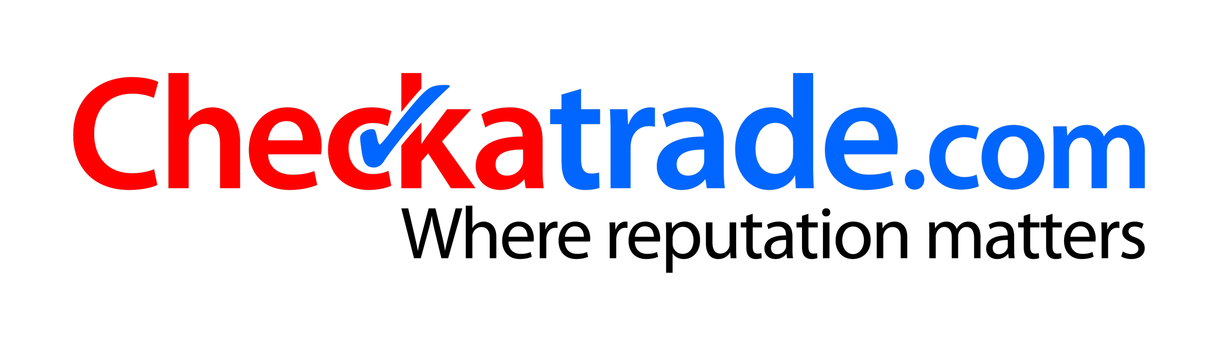 Checkatrade logo with text in red and blue on a black background.