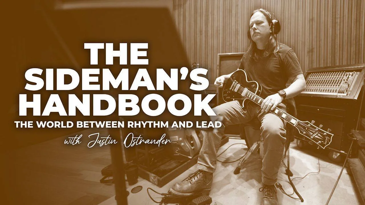 Justin Ostrander's Rhythm and Lead Course, "The Sideman's Handbook" . Justin Ostrander is sitting in a recording studio, holding an electric guitar, wearing headphones, with a mixing console behind him. The image has a sepia tone.