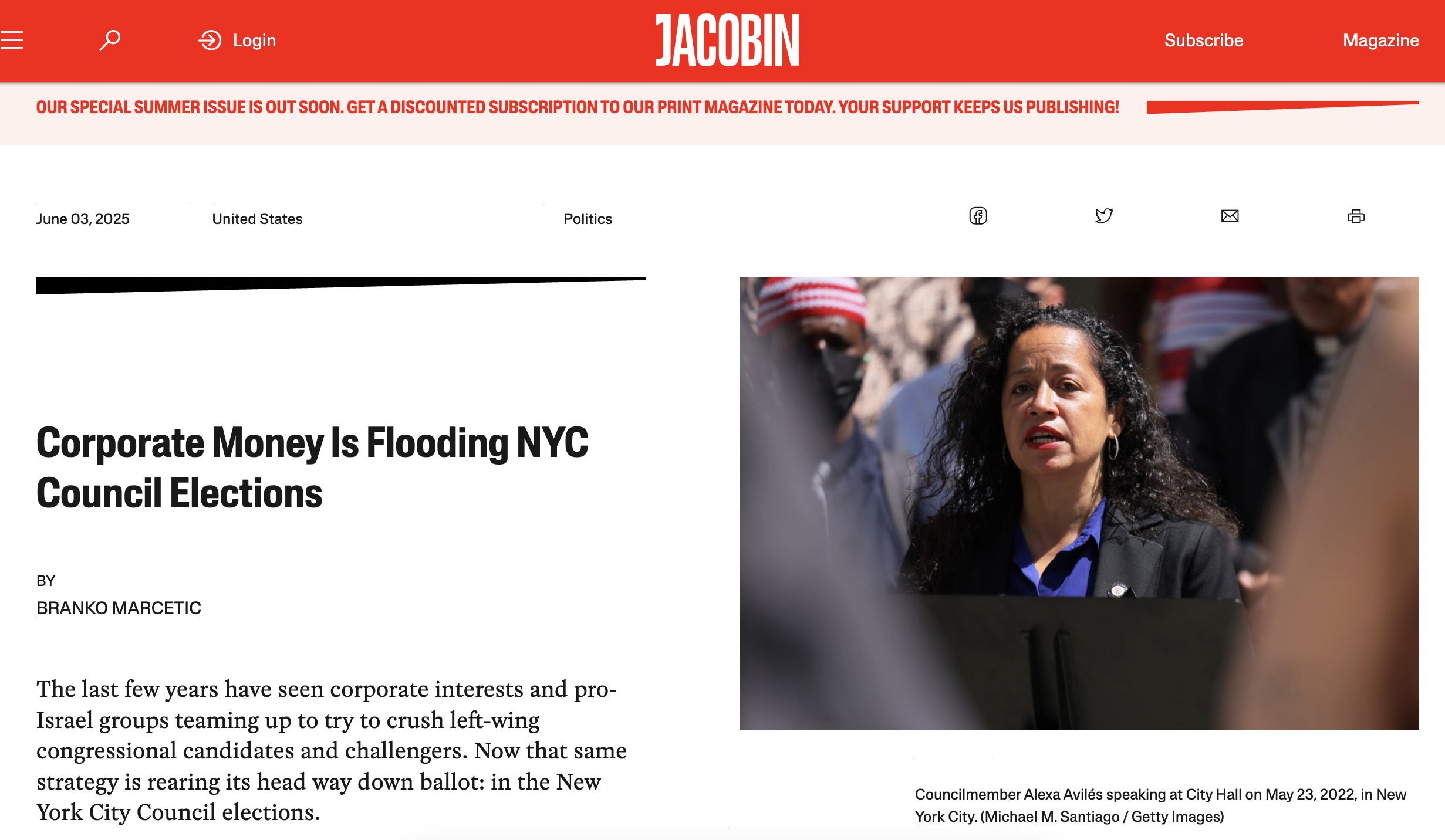 Screenshot of a news article webpage with a red header and navigation options such as search, login, subscribe, and magazine. The headline reads, 'Corporate Money Is Flooding NYC Council Elections,' accompanied by a photo of a woman speaking at a public event, with people around her, some wearing masks.
