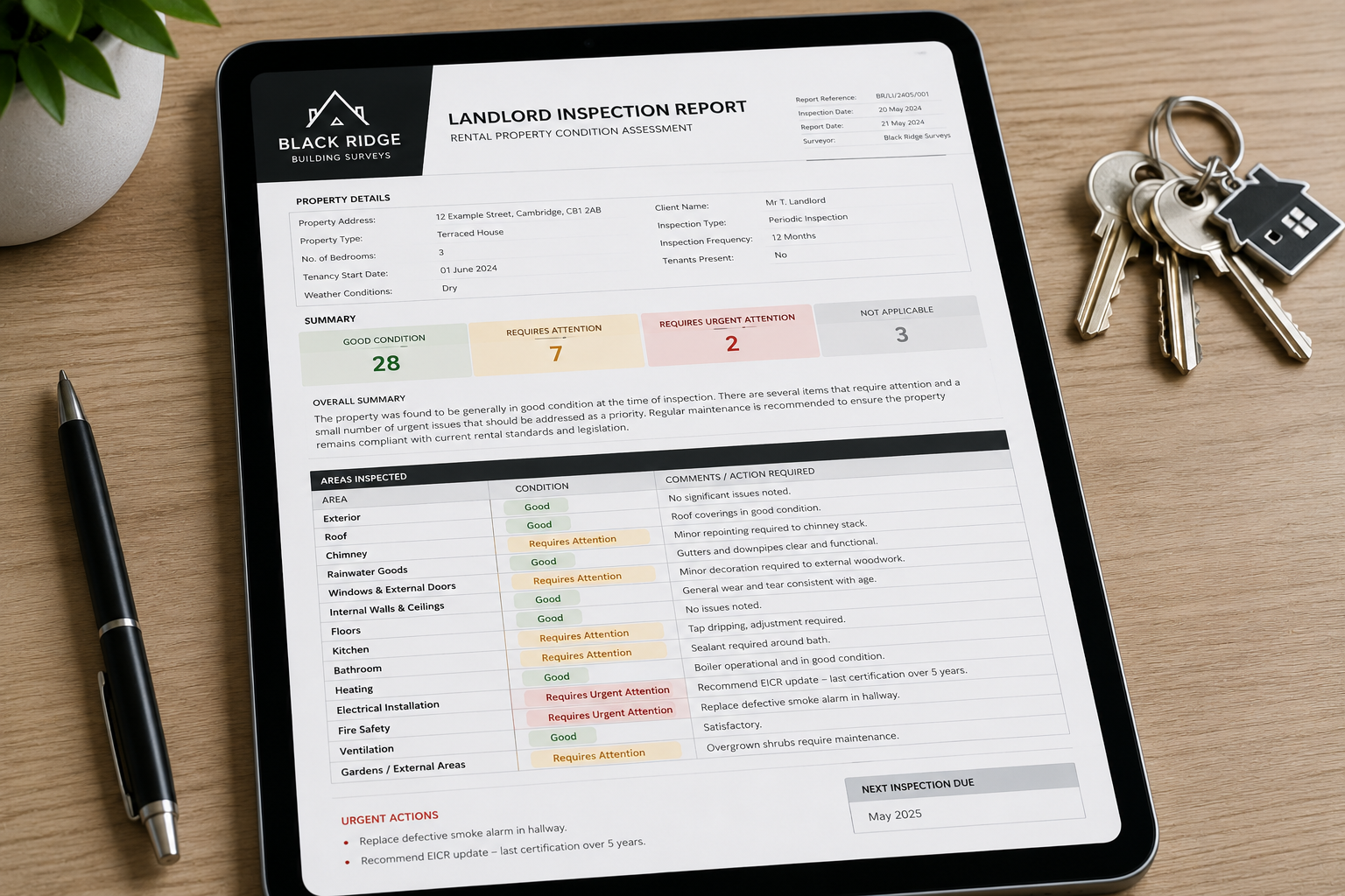 Landlord inspection report displayed on a tablet on a wooden desk with a black pen, a set of keys, and a plant nearby.