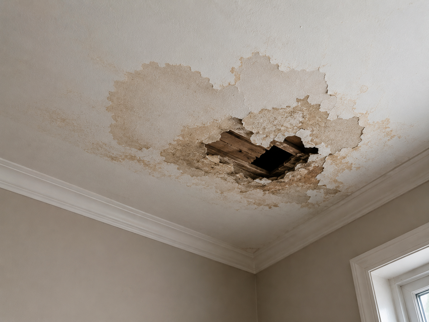 Ceiling with a large hole showing damaged drywall and wood beams.