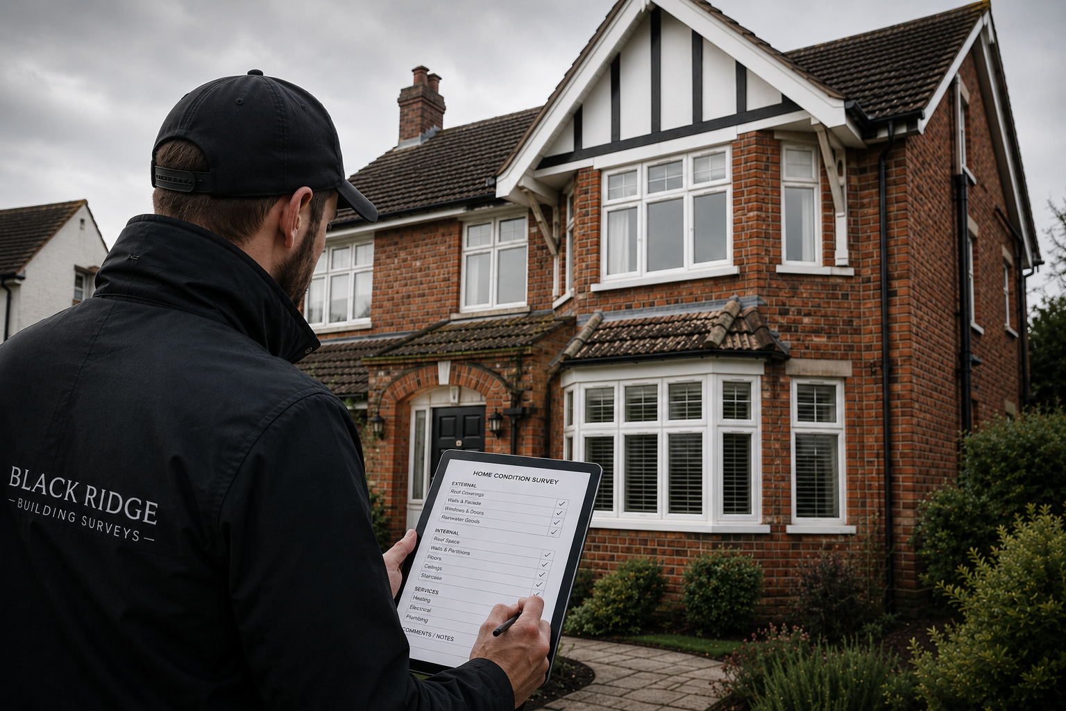 A man in a black jacket and cap is standing outside looking at a clipboard with a home condition survey checklist in front of a brick house.