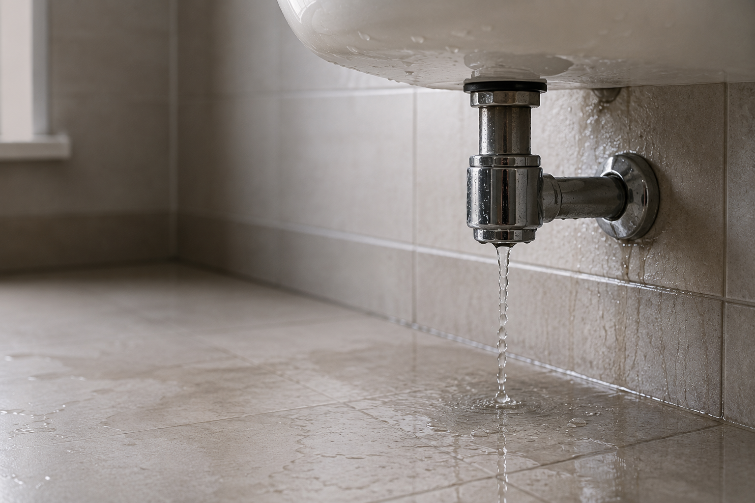 Water dripping from a metal pipe underneath a bathroom sink onto a tiled floor.