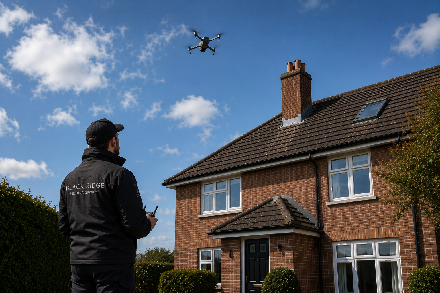 A surveyor in a black jacket and cap stands outside a brick house, operating a drone flying in the sky during the daytime.