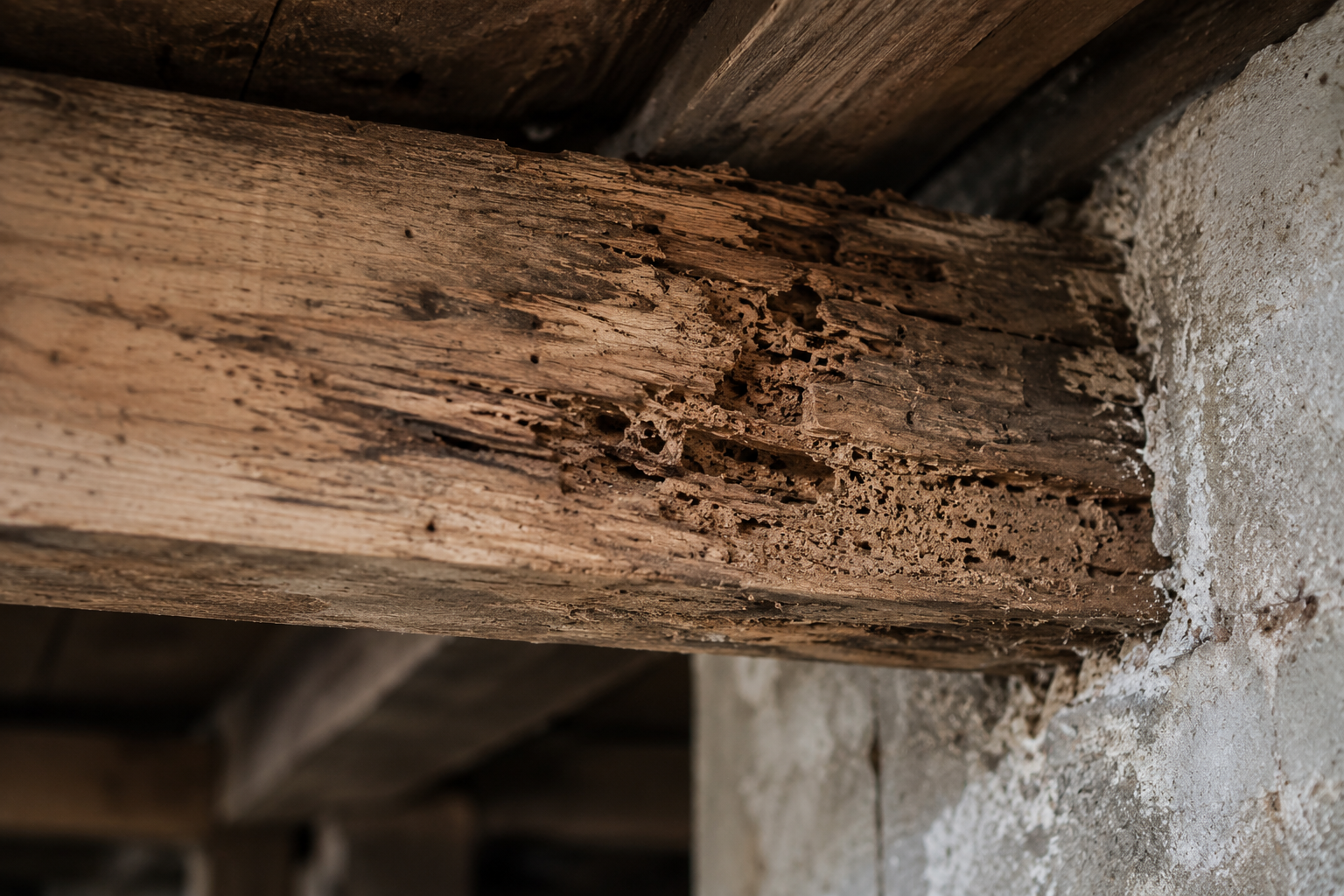 Close-up of old, decayed wooden beam with termite damage next to a concrete wall.