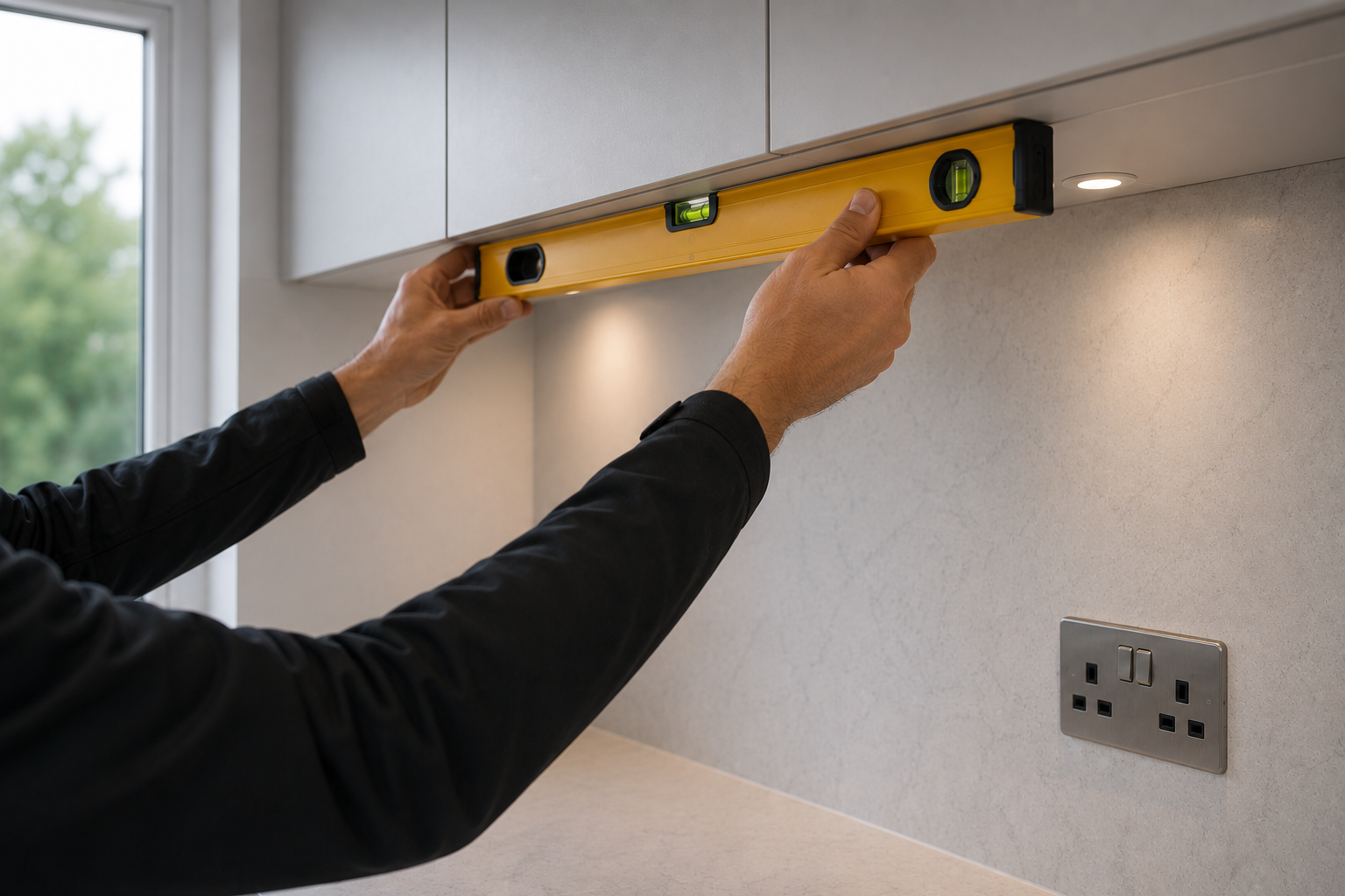 Person installing or adjusting a yellow spirit level under kitchen cabinets.