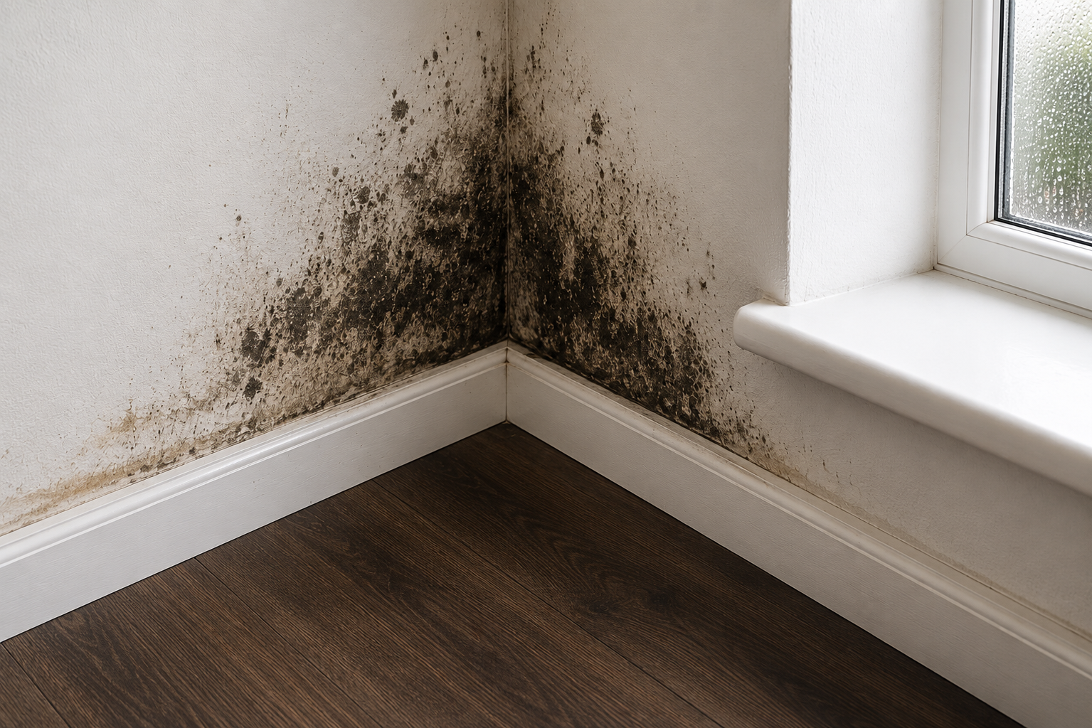 Moldy black and brown stains on a white wall near a corner and window on a wooden floor.
