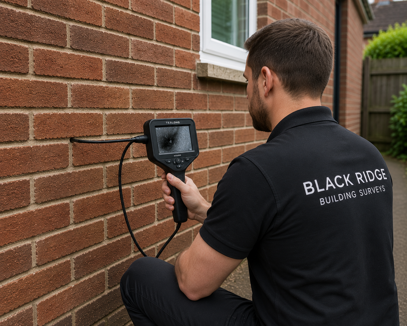A man from Black Ridge Building Surveys using a handheld device to scan a brick wall outside a building.