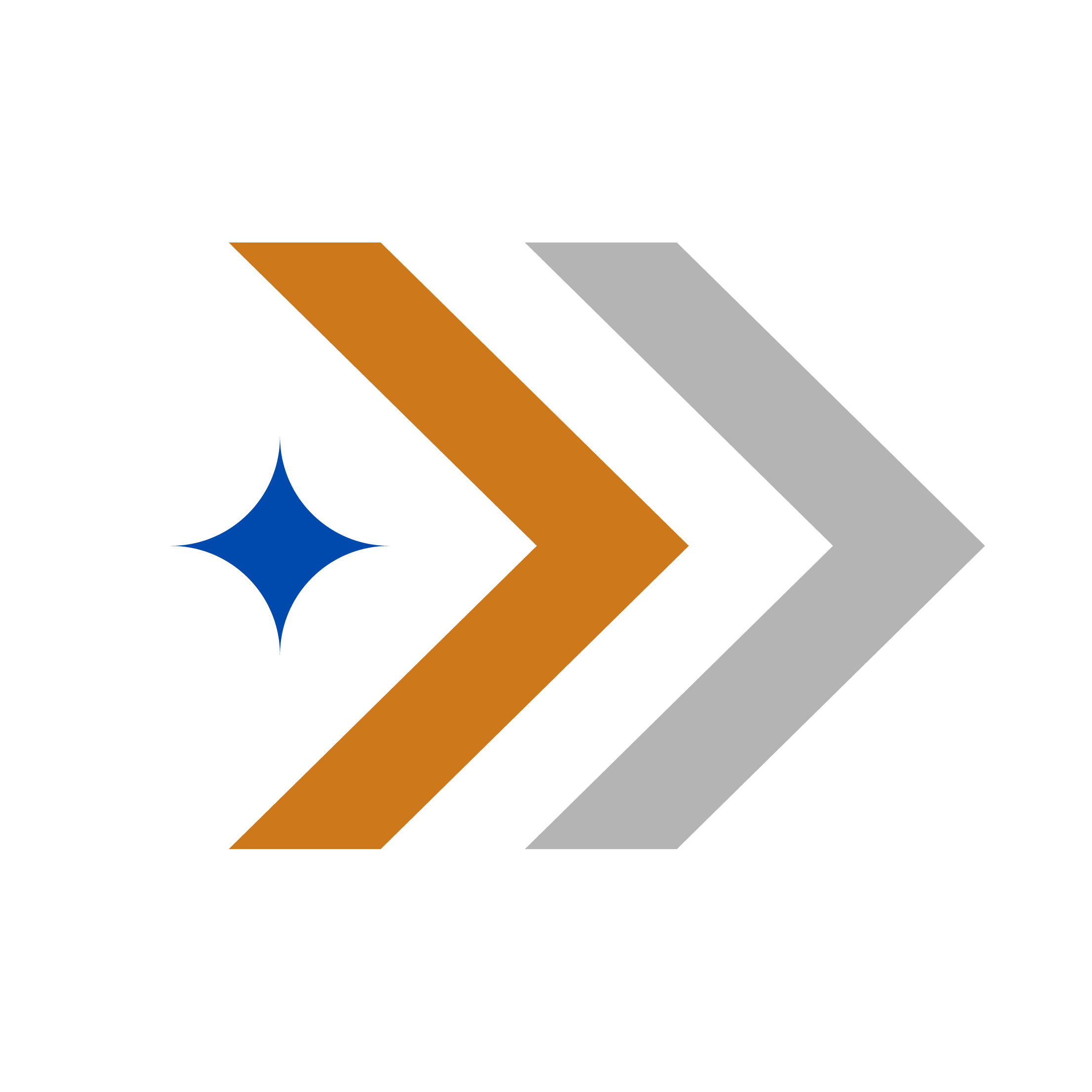 A stylized logo with three diagonal colored lines in orange, gray, and black, and a blue star-shaped design below them.