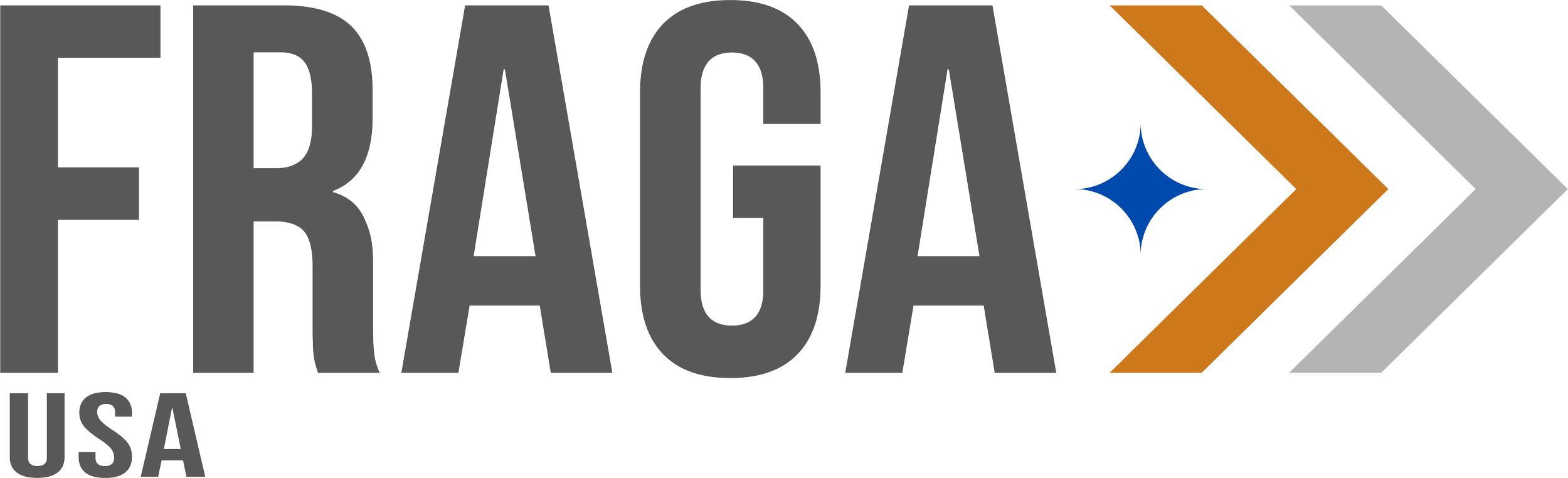 The image features the logo of the Federal Railroad Administration (FRA) in the USA. The logo consists of stylized text with the word 'FRA' in large, bold, gray letters. To the right of the text are chevron shapes in gray, orange, and black, resembling a train track or movement. The word 'USA' appears below in smaller gray letters.