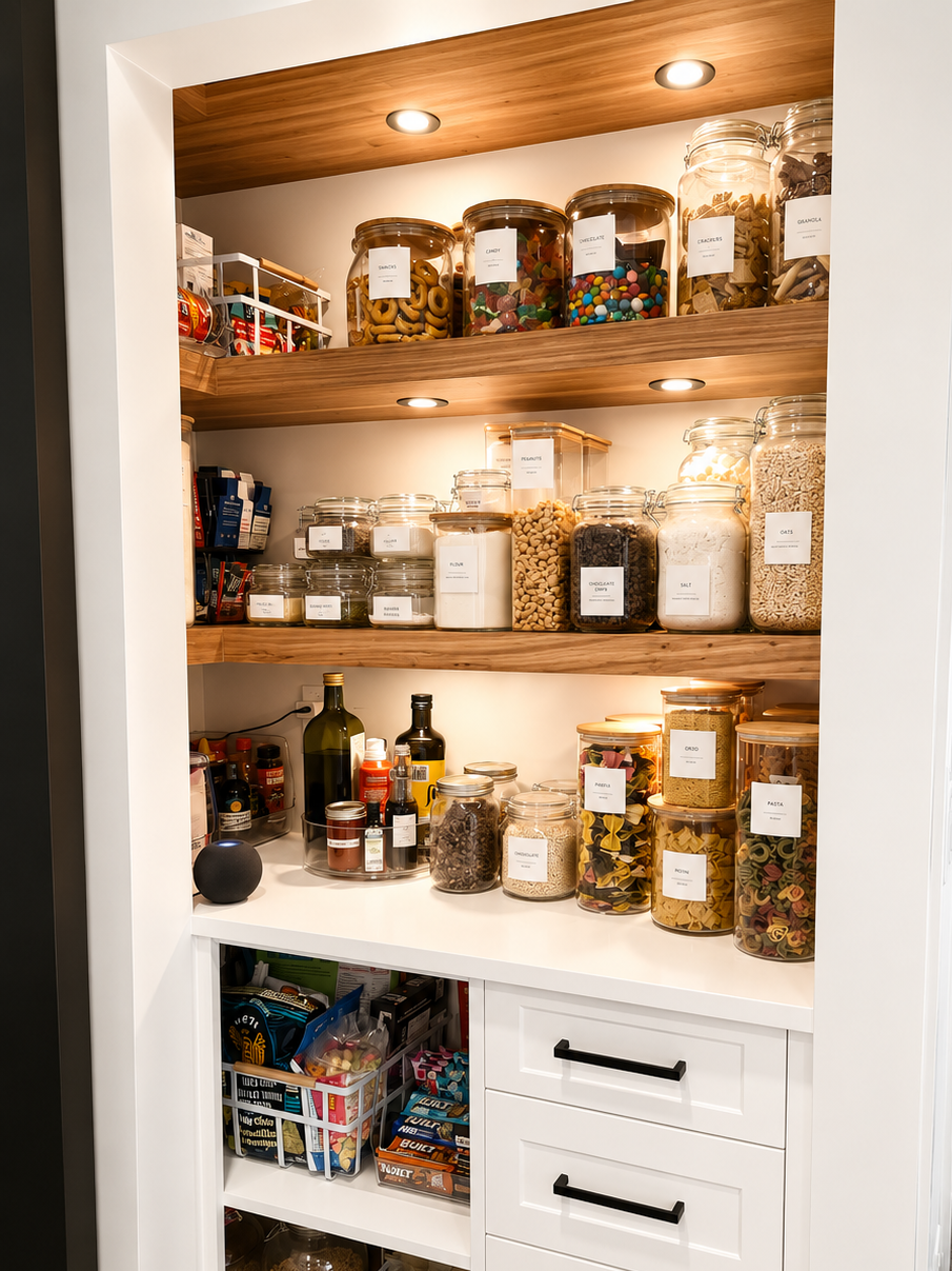 A pantry with wooden shelves containing glass jars filled with candies, cereals, pasta, and other dry goods, along with bottles of syrup and small containers, organized neatly in a kitchen storage area.