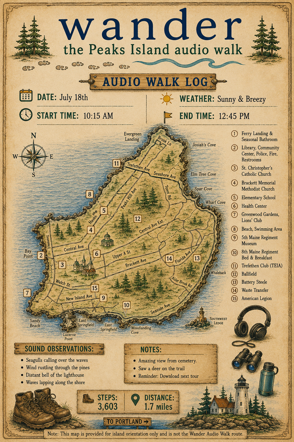 Map of Peaks Island with marked audio walk route, landmarks, and notes, showing terrain, trails, and points of interest for a guided walk.