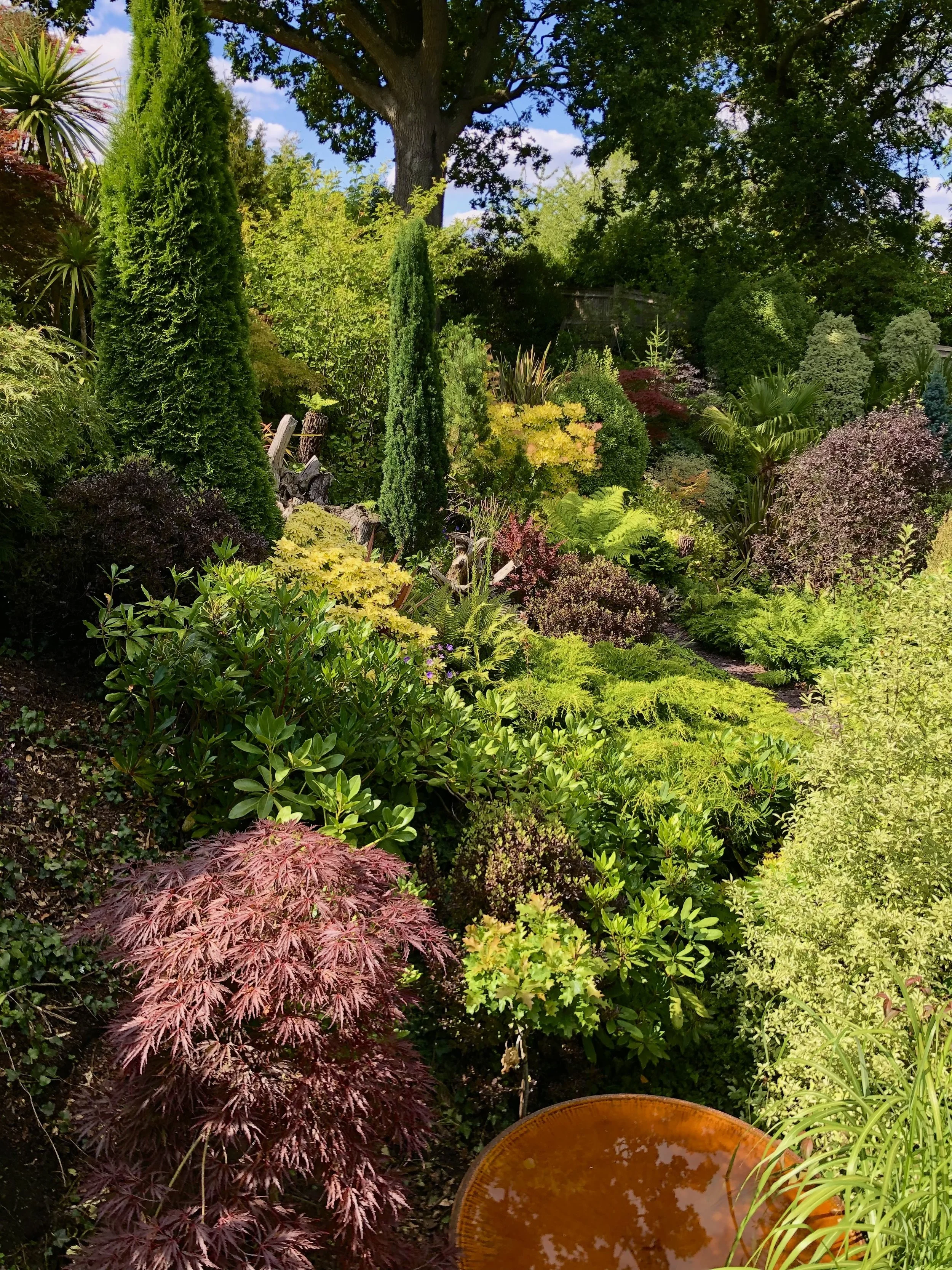 A lush garden filled with various tropical green and red plants, maple trees, and shrubs. In the foreground, a large red maple leaf bush and a orange water fountain. The background shows tall trees and a partly cloudy sky. Created by JP Gardens, Kent