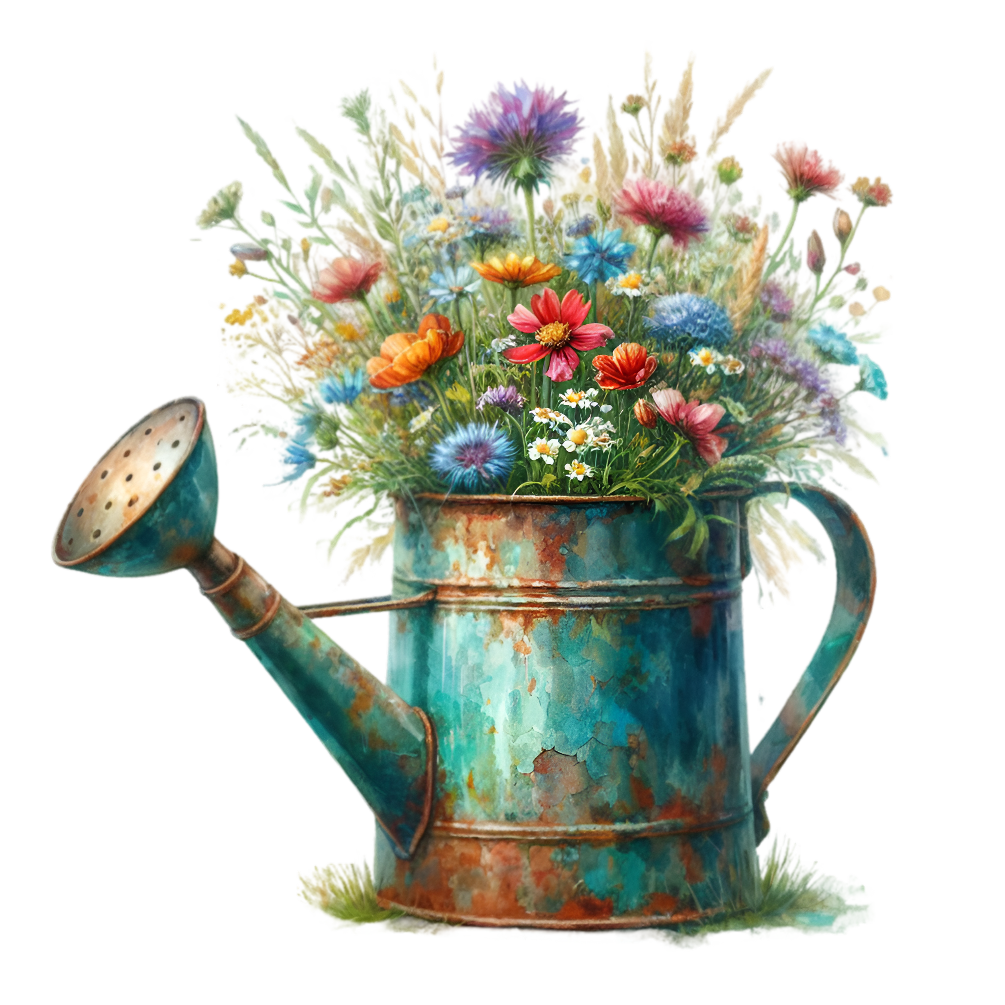 A decorative watering can holding a vibrant bouquet of colorful flowers, including daisies, poppies, and other blooms, with a black background.