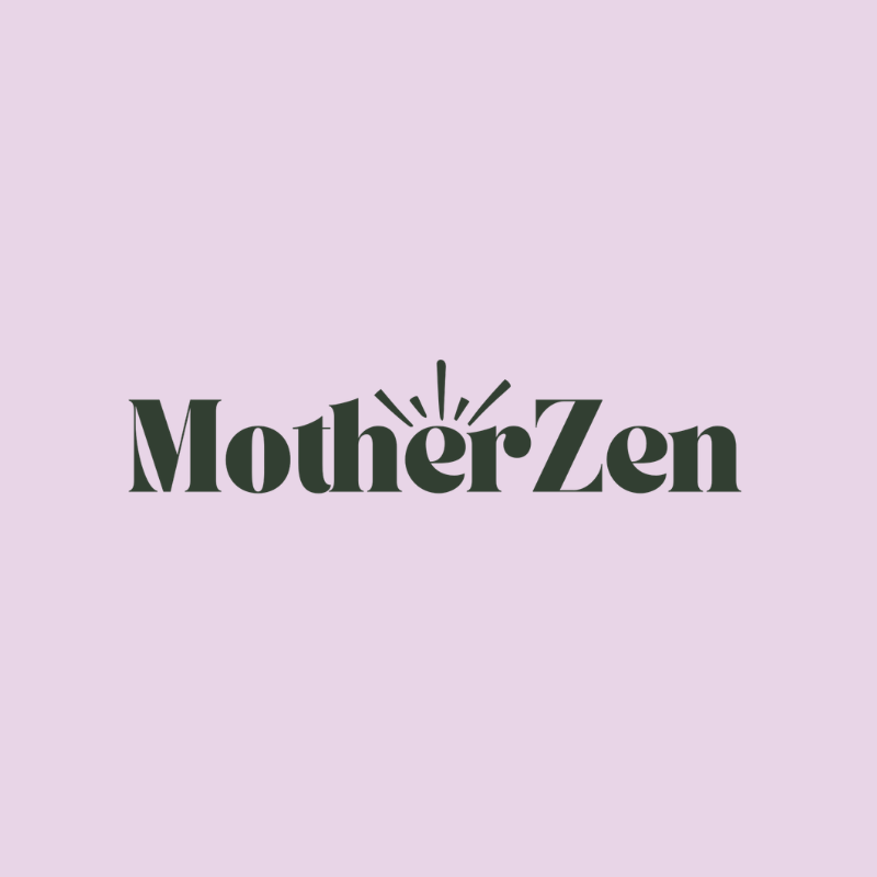 MotherZen logo in dark green text on a light lavender background