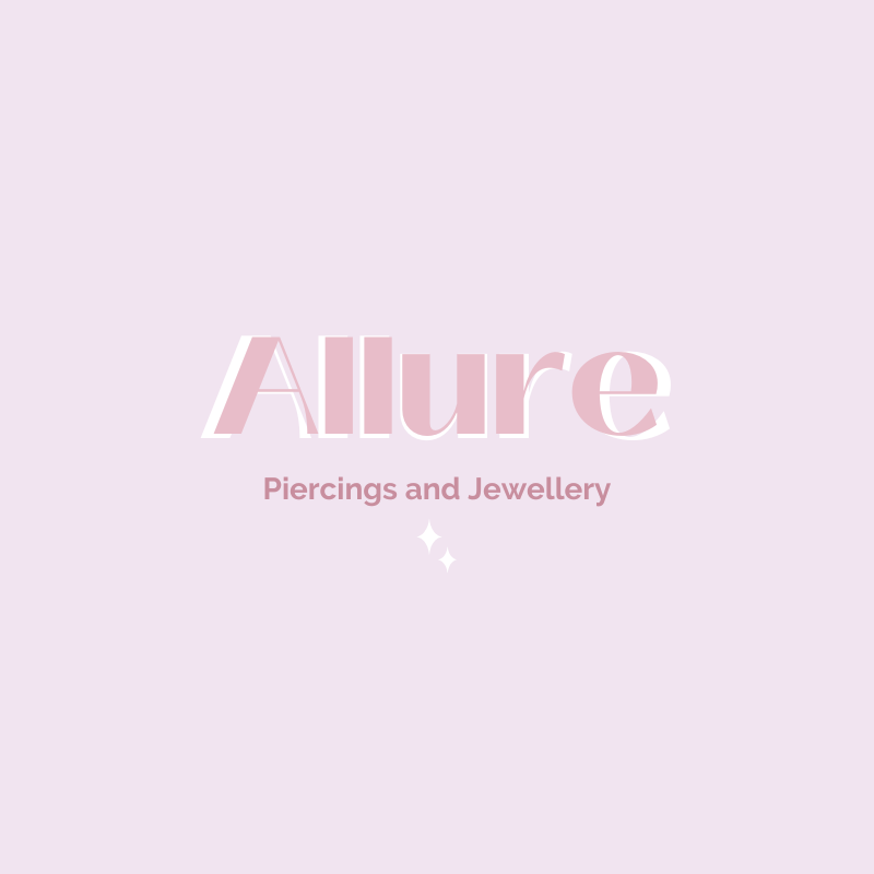 Allure Piercings and Jewellery logo in pink and white on a light lavender background