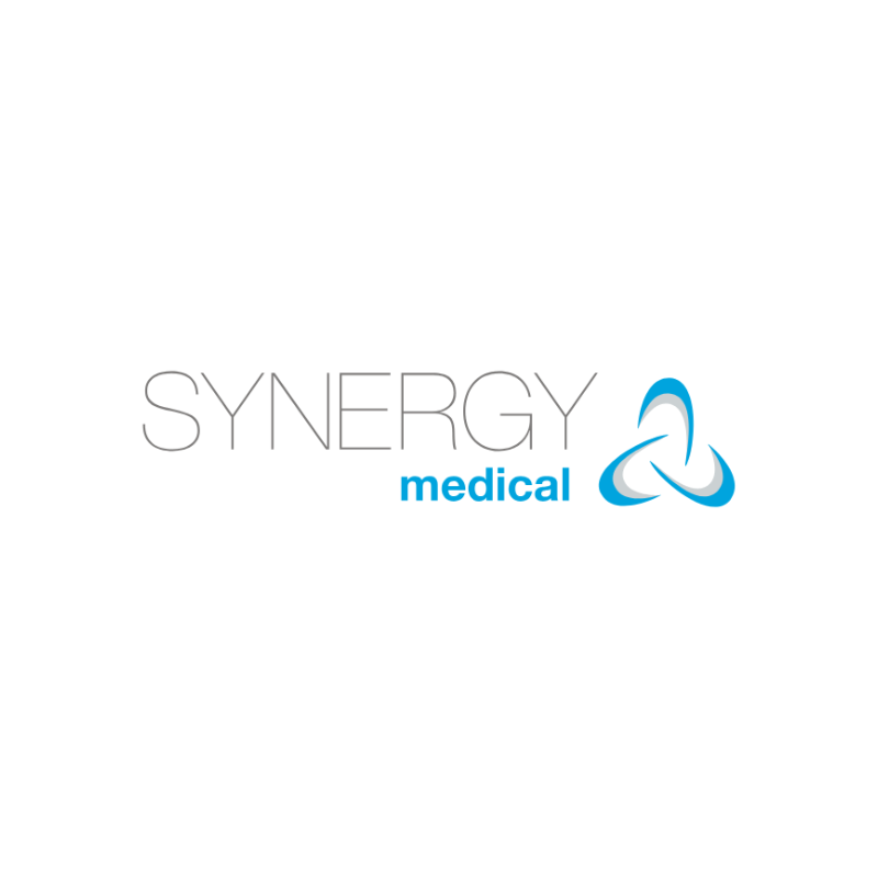 Synergy Medical logo with gray and blue text and a blue-gray abstract three-loop symbol