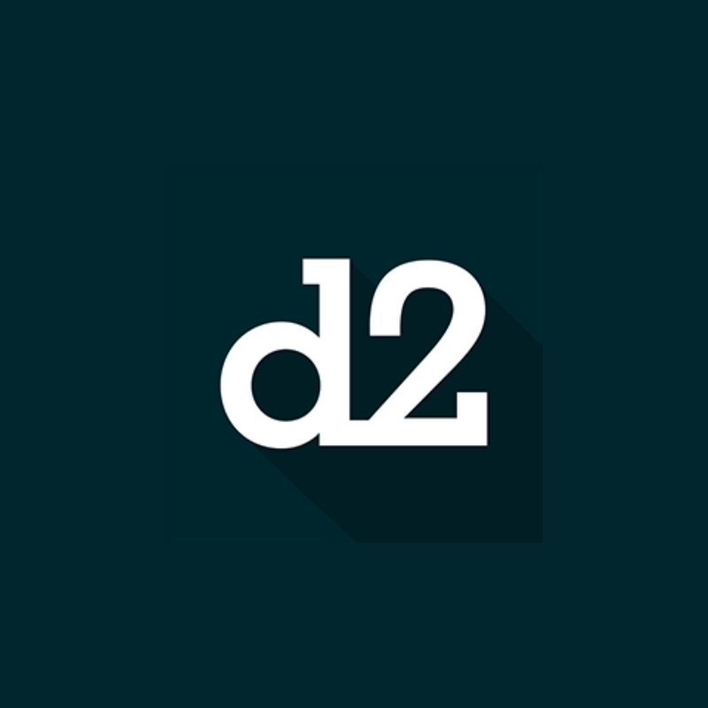 White stylized d2 logo with a long shadow on a dark teal background