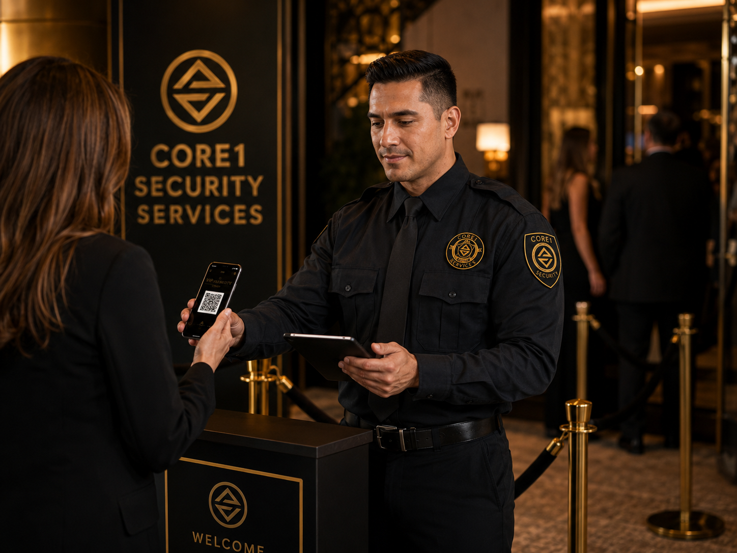 A security guard scanning a QR code on a woman's smartphone at a hotel reception desk, with a sign in the background that says 'CORE1 SECURITY SERVICES'.