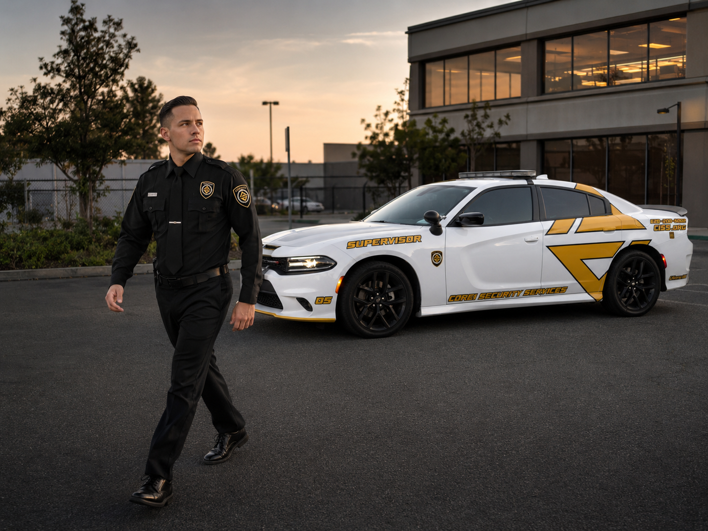A security officer in black uniform walking past a white police car with yellow and black markings, parked in an outdoor lot near a modern building at dusk.